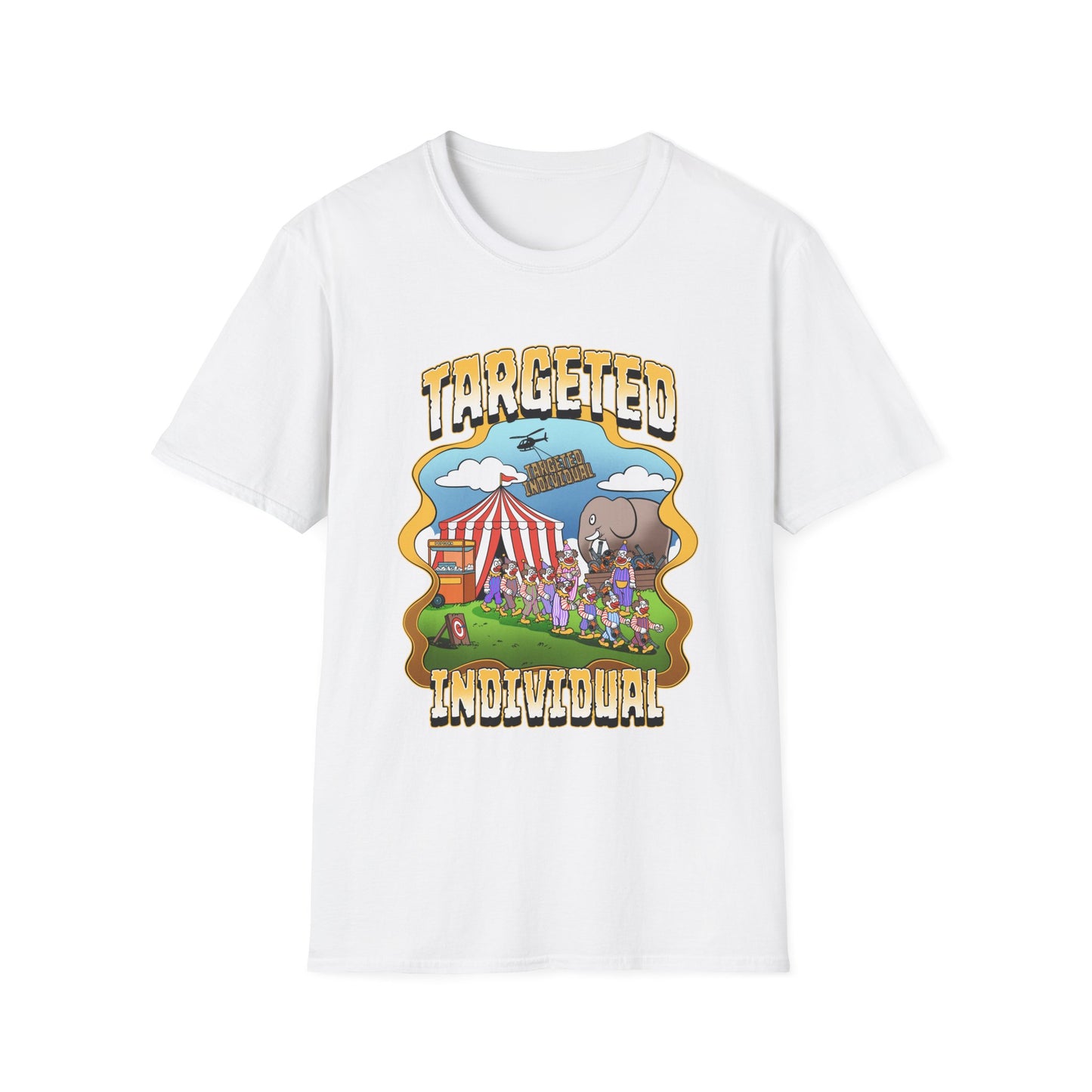 Targeted Individual Graphic T-Shirt — Retro Carnival Conspiracy Design
