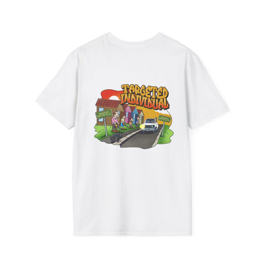 Targeted Individual Graphic T-Shirt — Street Scene Cartoon Design