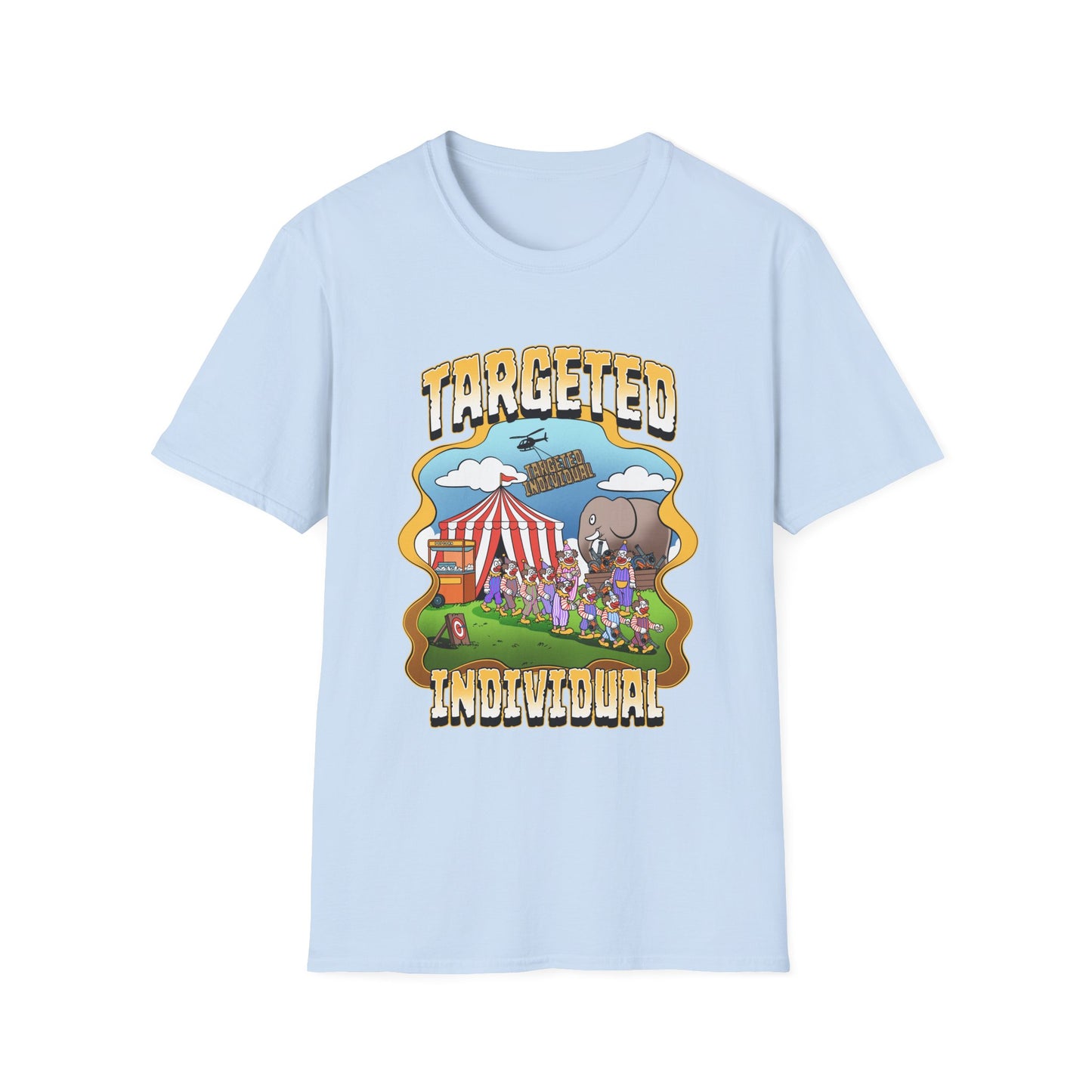 Targeted Individual Graphic T-Shirt — Retro Carnival Conspiracy Design