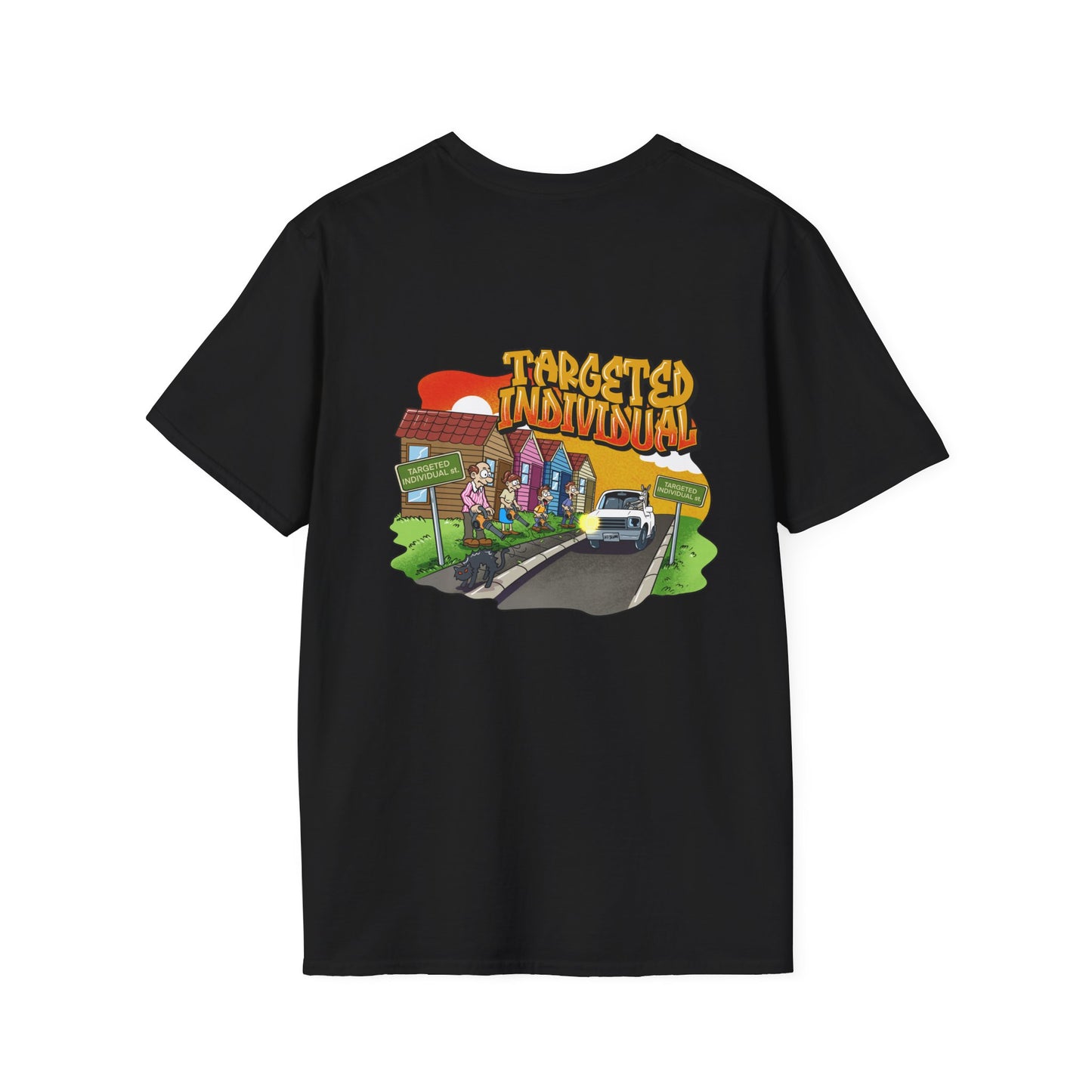 Targeted Individual Graphic T-Shirt — Street Scene Cartoon Design
