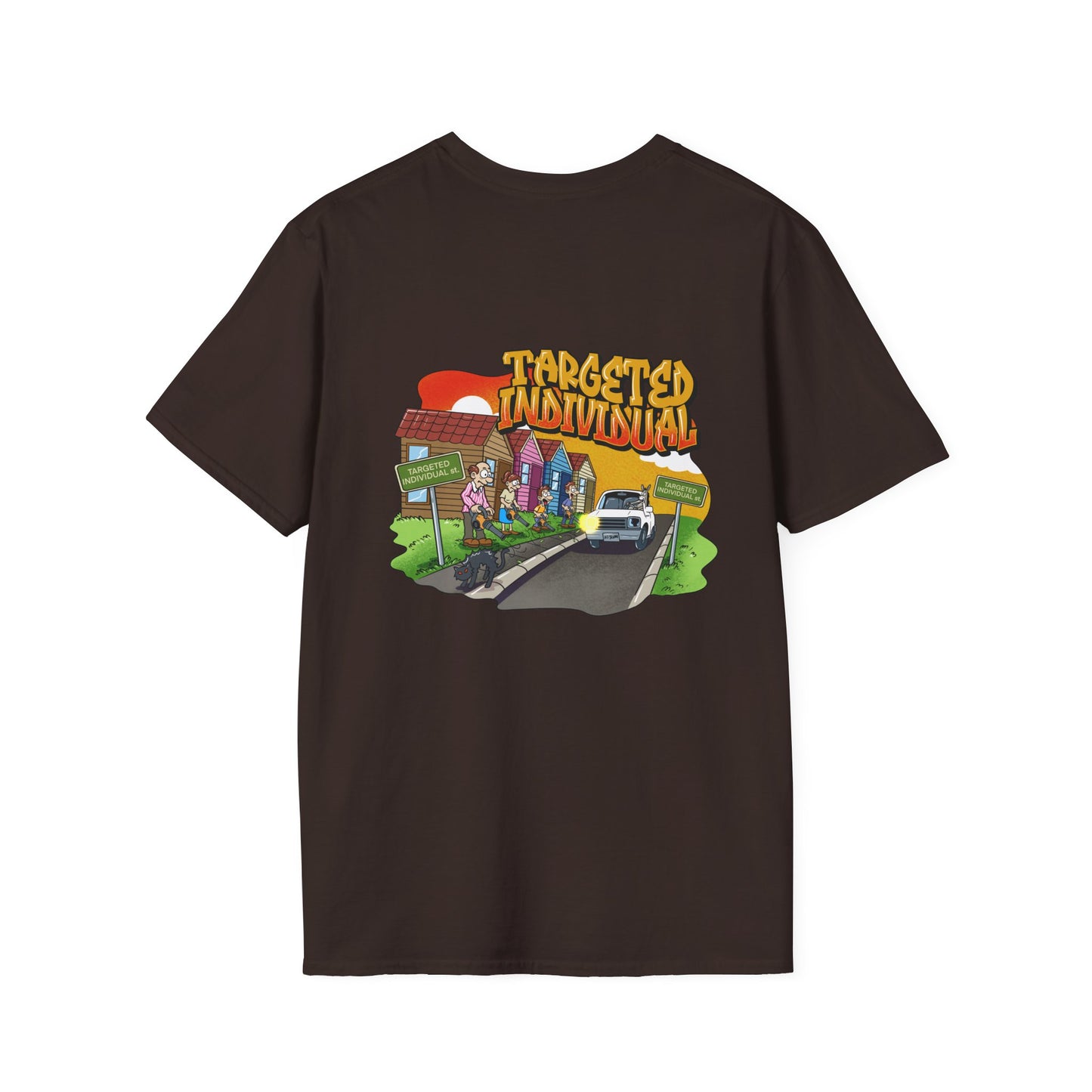 Targeted Individual Graphic T-Shirt — Street Scene Cartoon Design