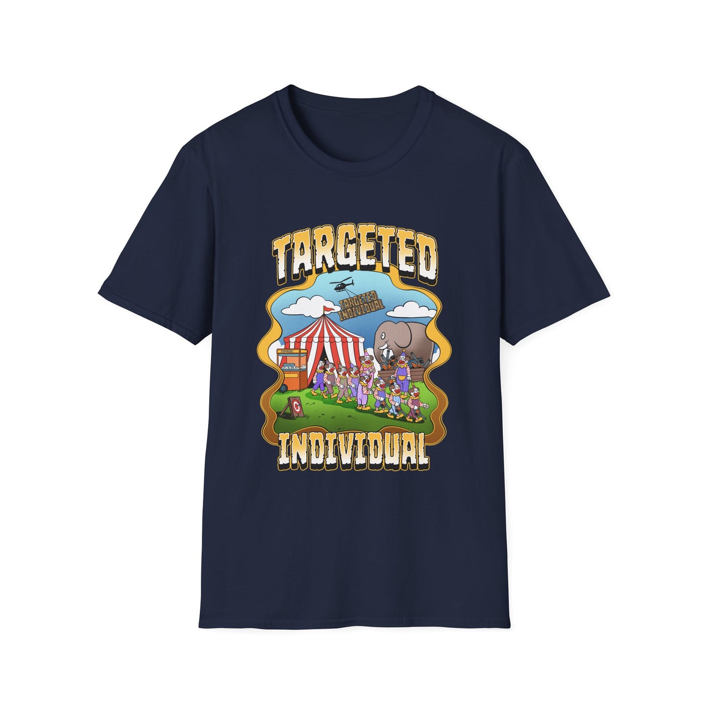 Targeted Individual Graphic T-Shirt — Retro Carnival Conspiracy Design
