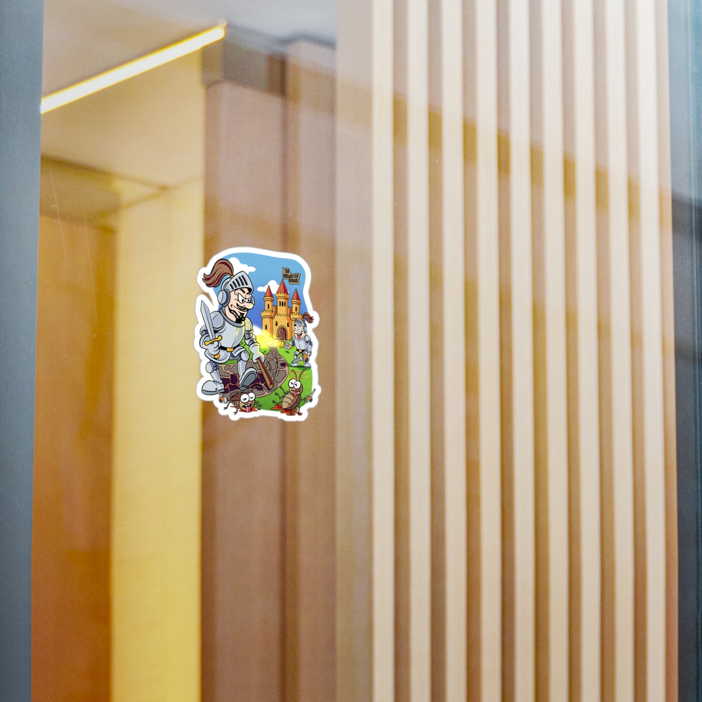 Medieval Knight Cartoon Kiss-Cut Vinyl Sticker — Funny Castle & Bugs Design