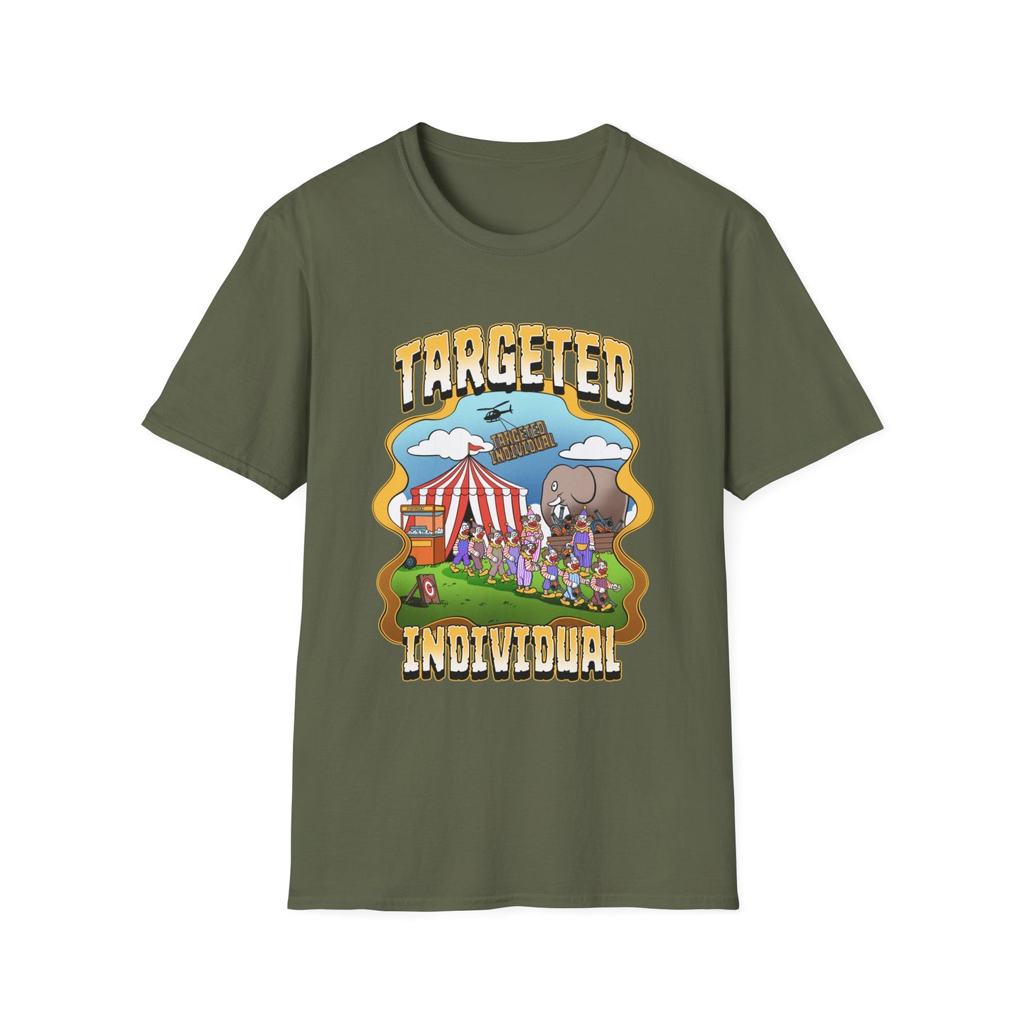 Targeted Individual Graphic T-Shirt — Retro Carnival Conspiracy Design