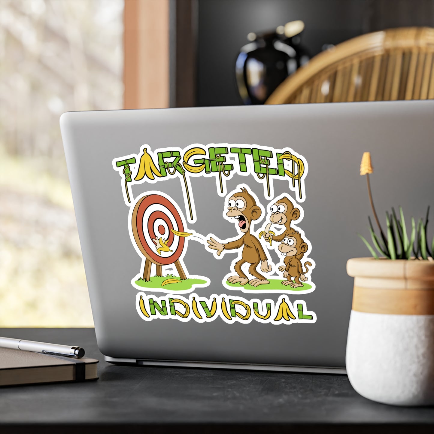Targeted Individual Monkey Sticker — Funny Banana Target Kiss-Cut Vinyl Decal