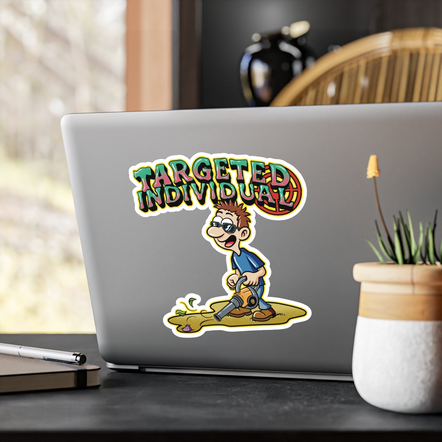 Targeted Individual Vinyl Sticker — Comic Character Kiss-Cut Decal