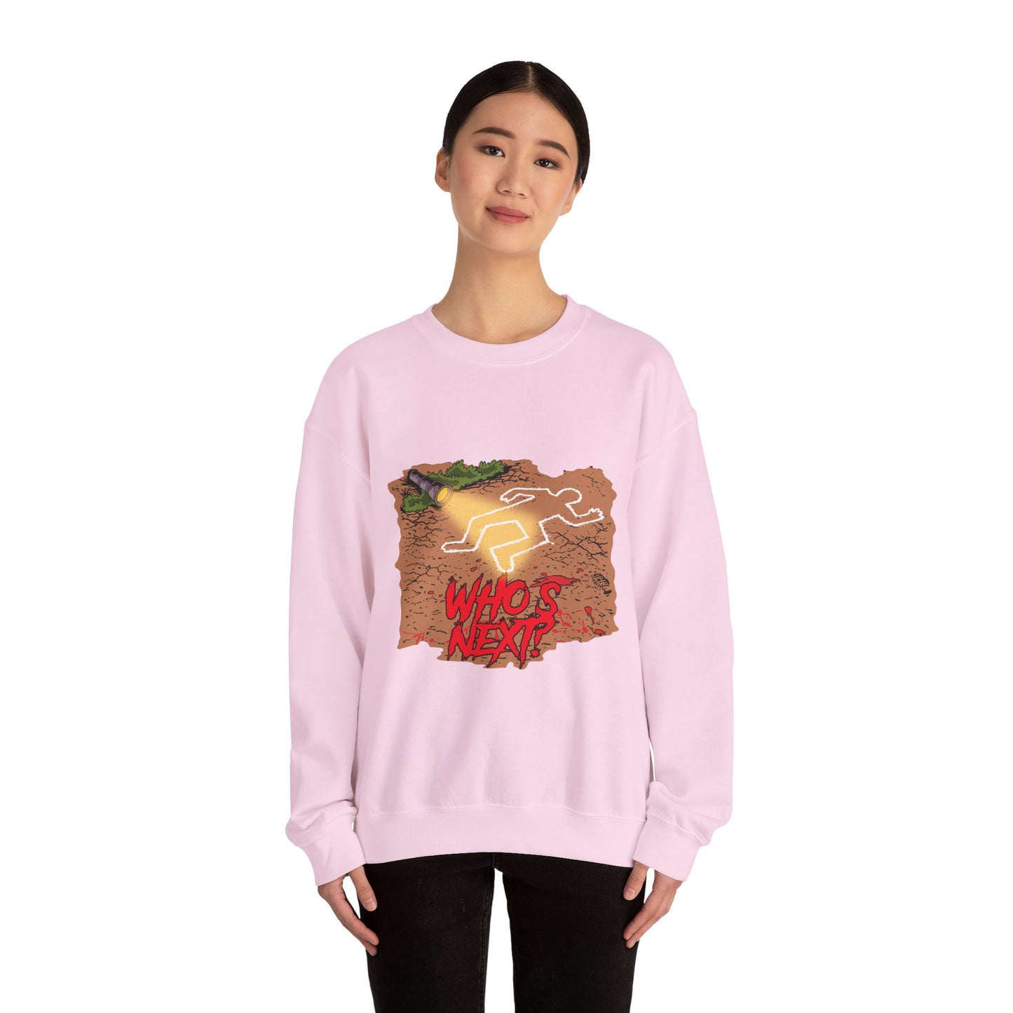 Graphic Sweatshirt — 'Who's Next?' Crime Scene Chalk Outline Crewneck