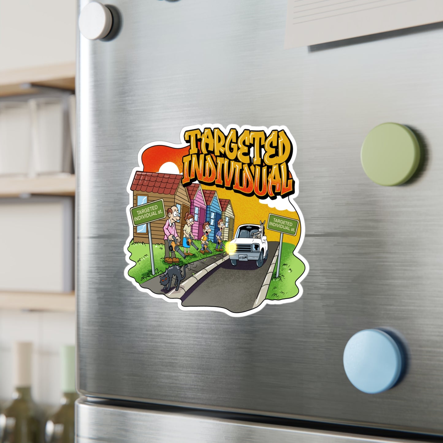 Targeted Individual Kiss-Cut Vinyl Sticker — Retro Suburban Design