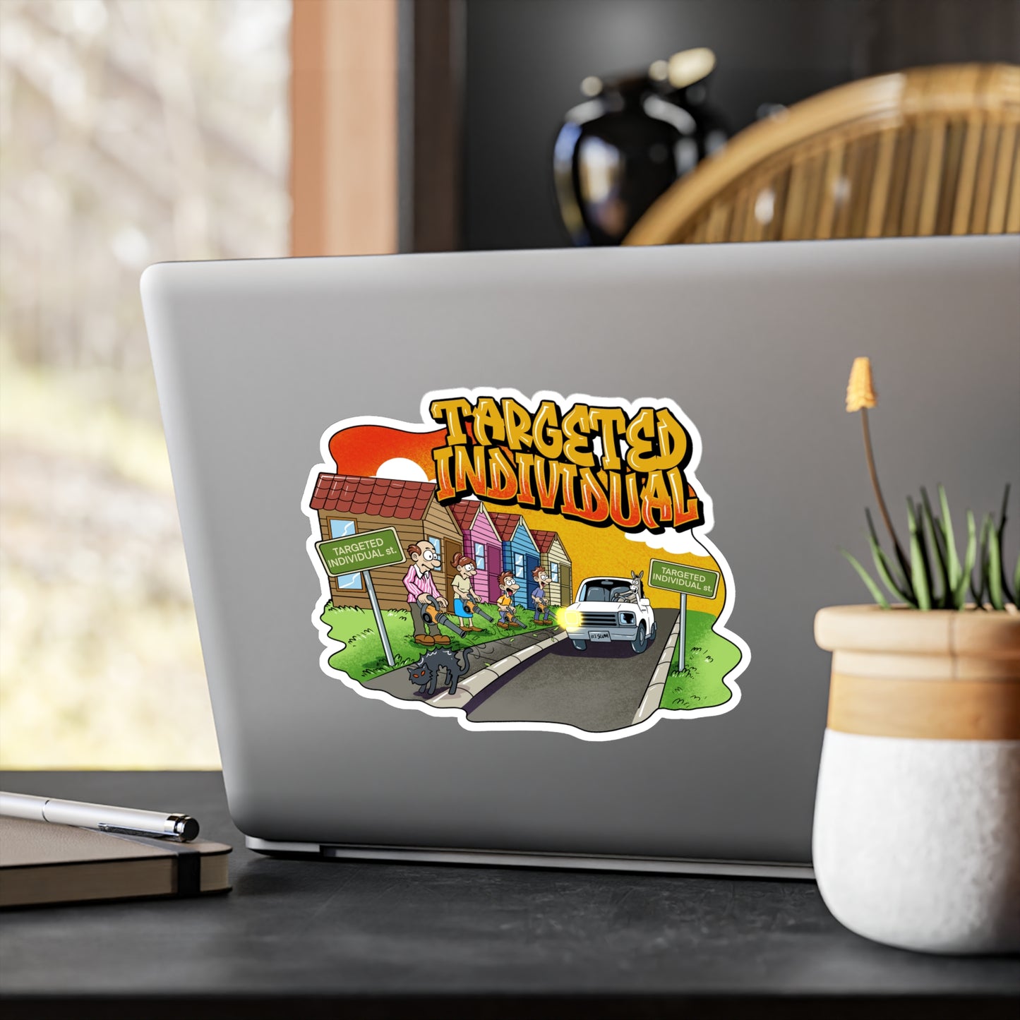 Targeted Individual Kiss-Cut Vinyl Sticker — Retro Suburban Design
