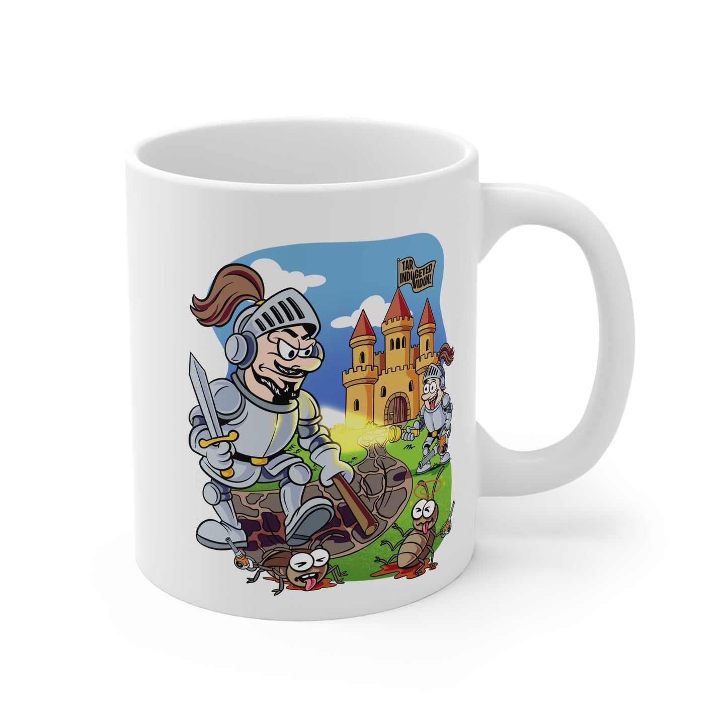 Knight and Castle Cartoon Mug — Funny Medieval Coffee Cup with ‘Take That, Worms!’ Design