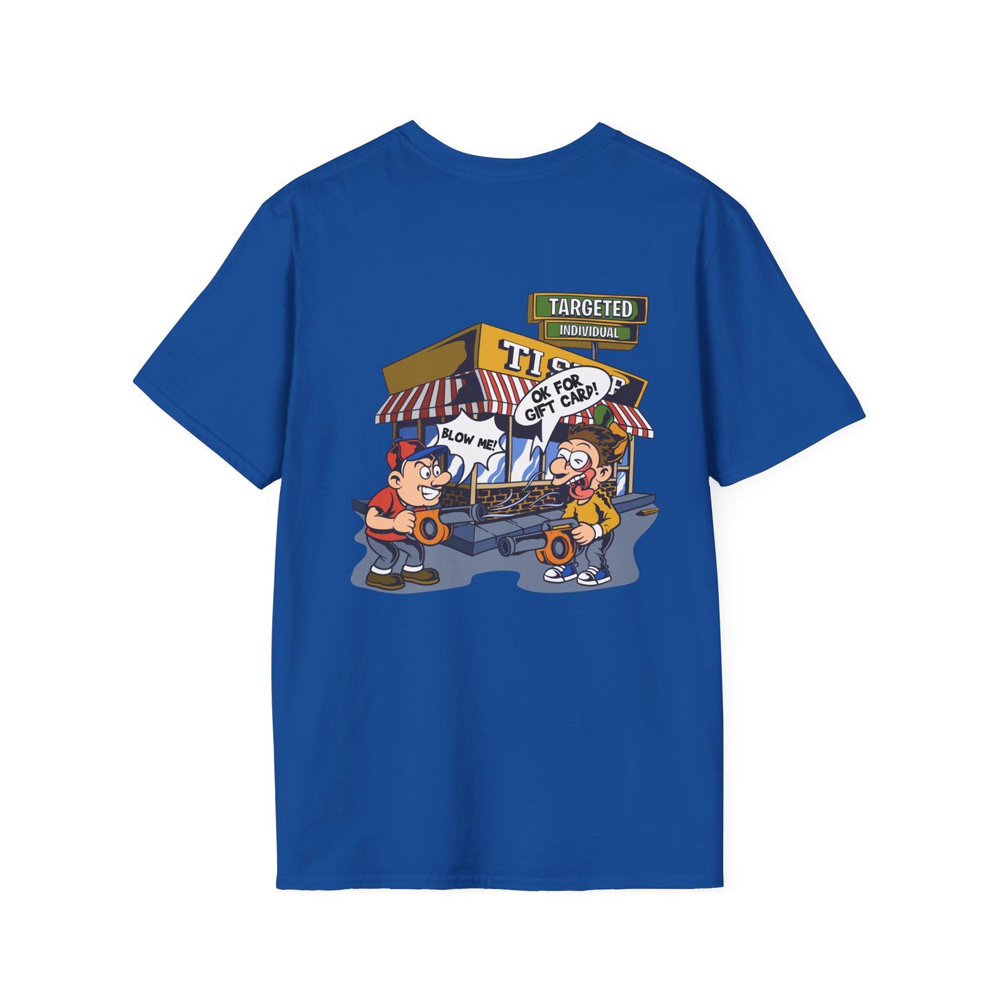 Graphic T-Shirt — 'Targeted' Flea Market Cartoon Back Print
