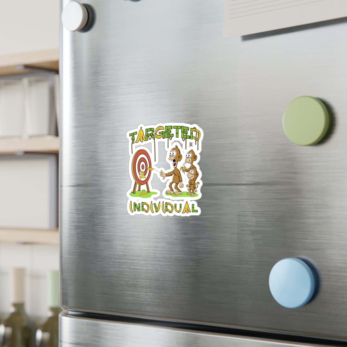 Targeted Individual Monkey Sticker — Funny Banana Target Kiss-Cut Vinyl Decal