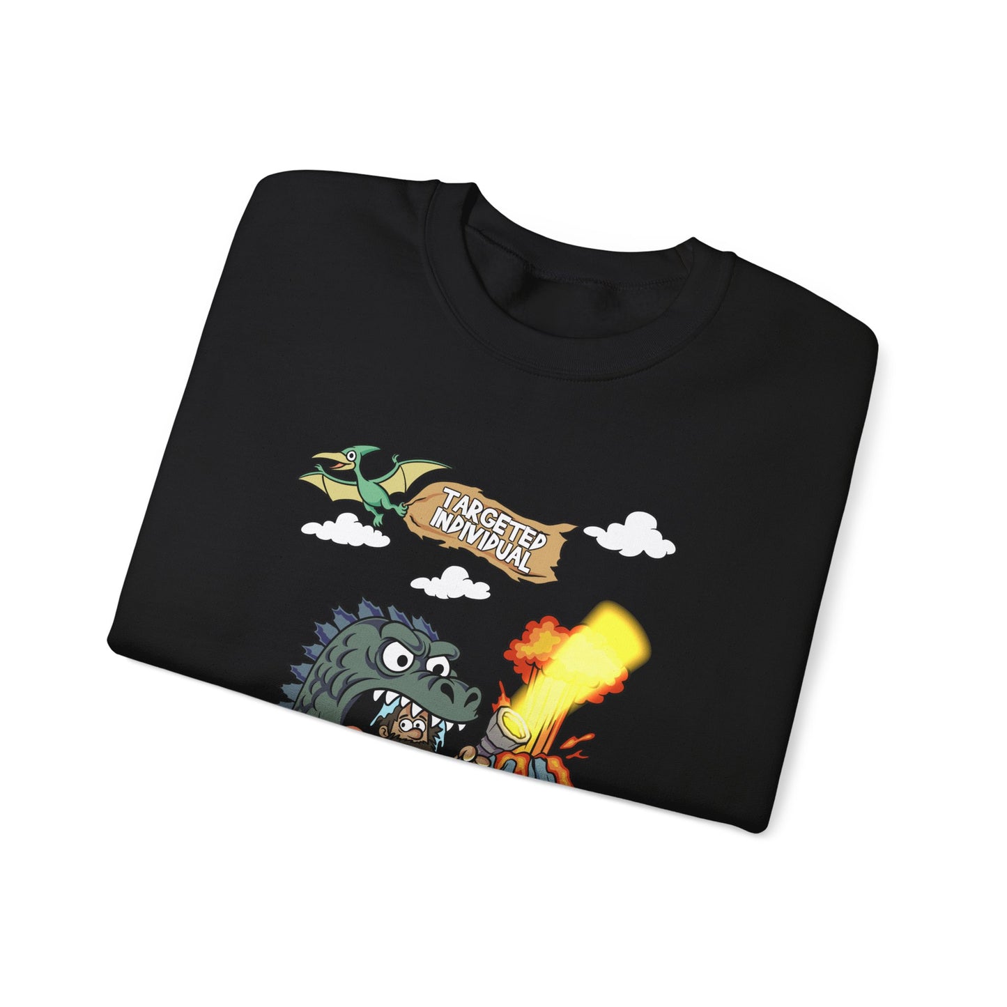 Crewneck Sweatshirt — Retro Monster Dragon Breathing Fire Graphic