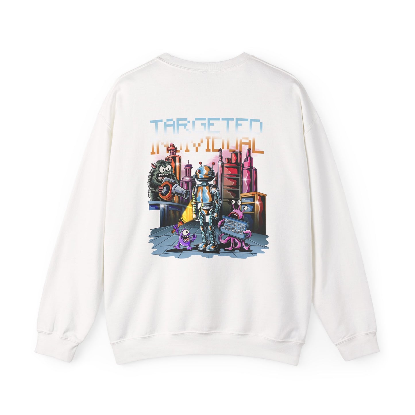 Sci‑Fi Crewneck Sweatshirt — "TARGETED INDIVIDUAL" Retro Robot City Graphic