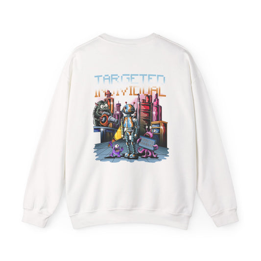 Sci‑Fi Crewneck Sweatshirt — "TARGETED INDIVIDUAL" Retro Robot City Graphic