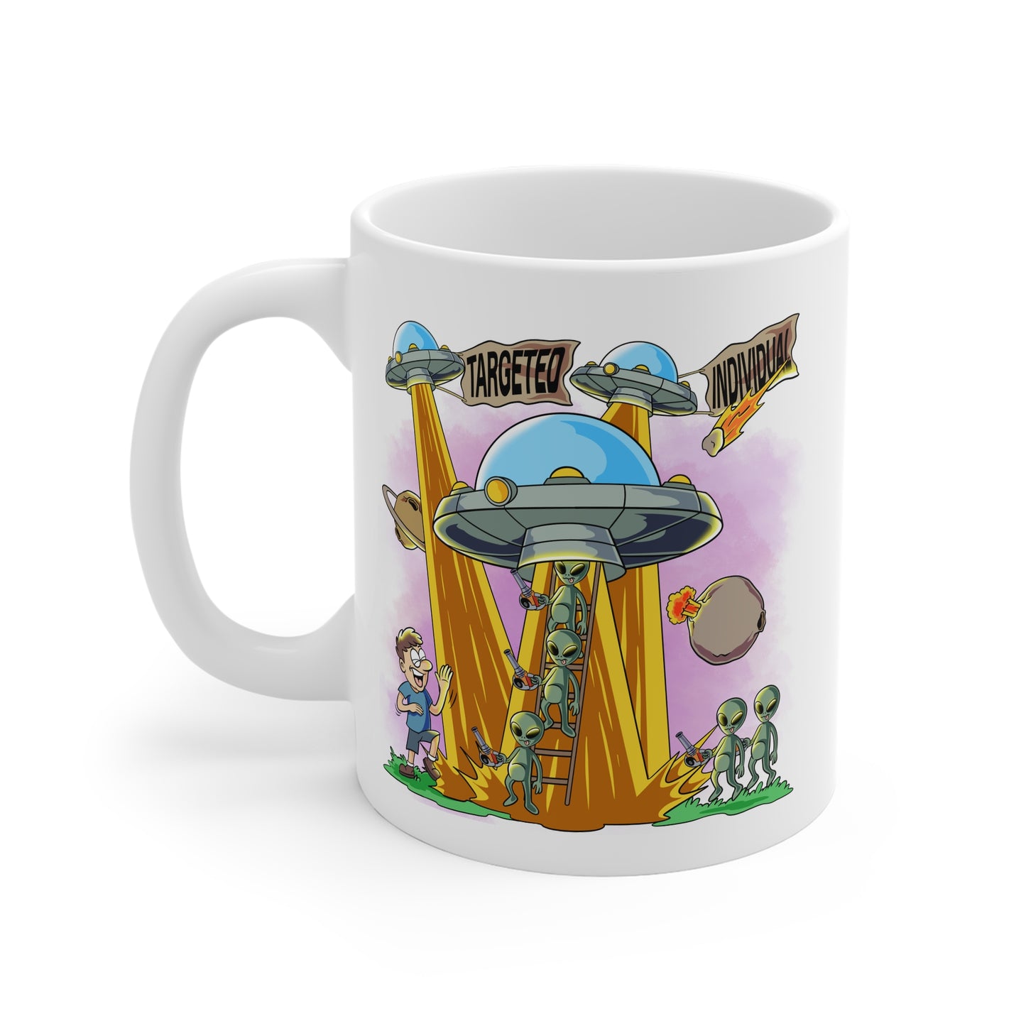 Alien Abduction Coffee Mug — Retro UFOs & 'Targeted' Cartoon Design