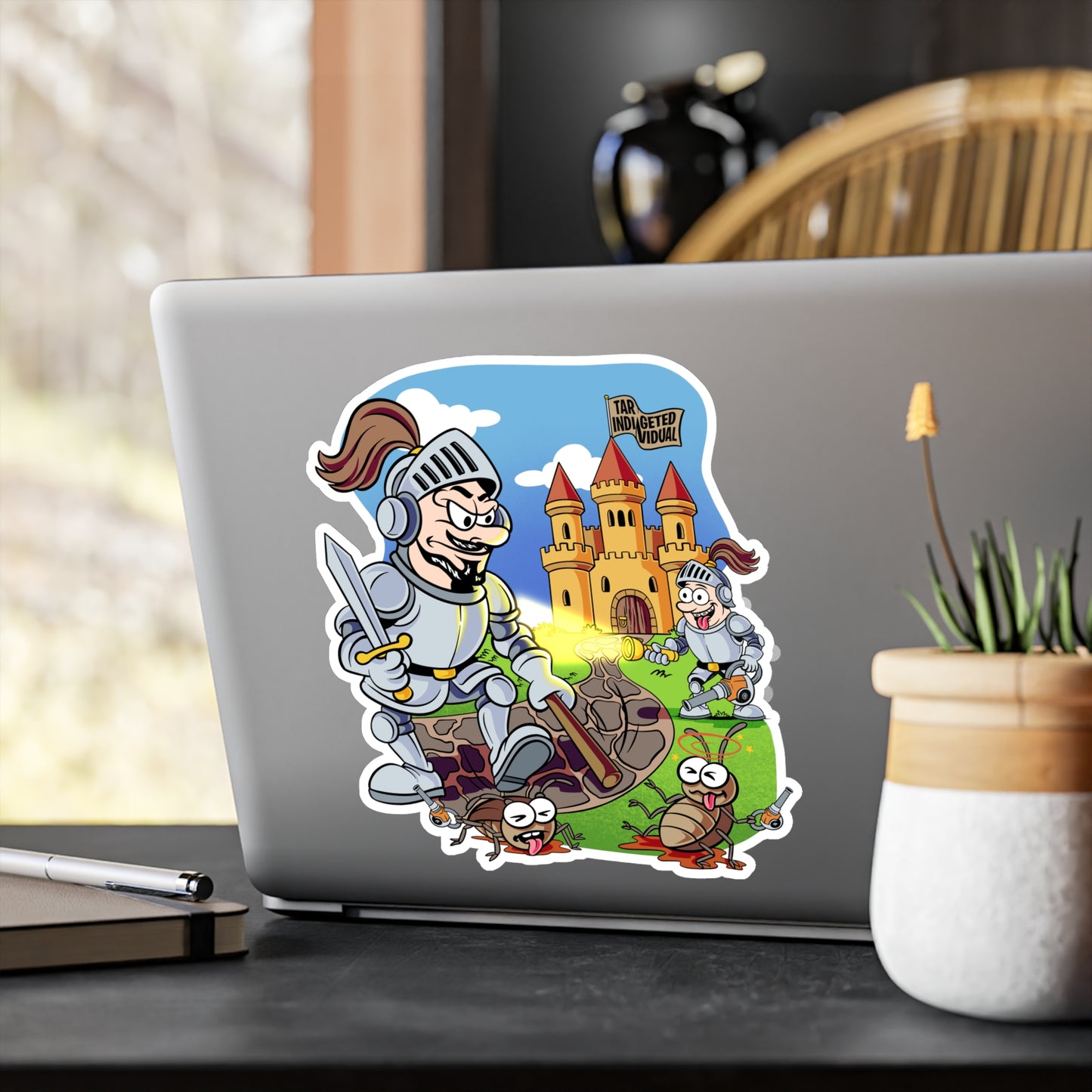 Medieval Knight Cartoon Kiss-Cut Vinyl Sticker — Funny Castle & Bugs Design