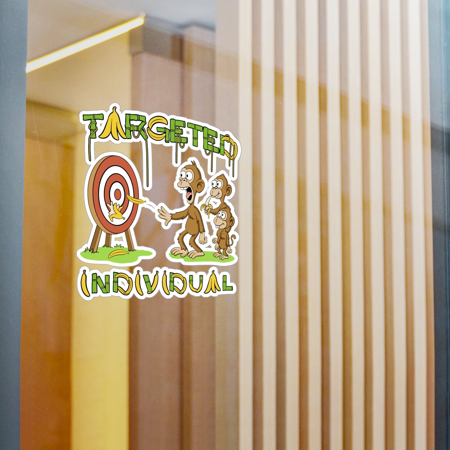 Targeted Individual Monkey Sticker — Funny Banana Target Kiss-Cut Vinyl Decal