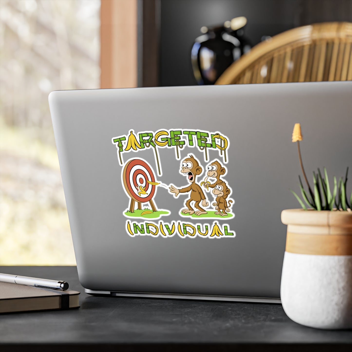 Targeted Individual Monkey Sticker — Funny Banana Target Kiss-Cut Vinyl Decal