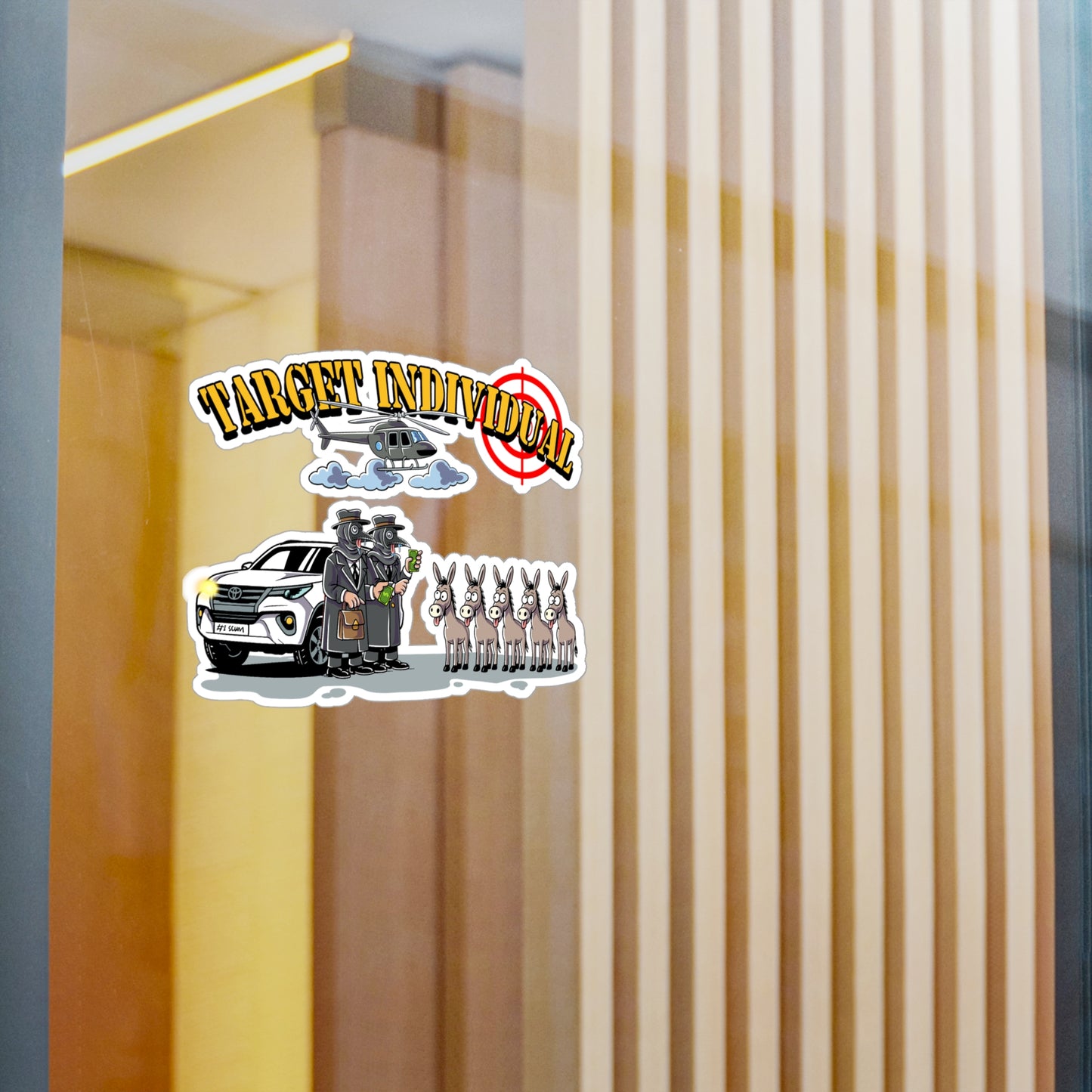 Target Individual Kiss-Cut Vinyl Decal — Humorous Cartoon Cop Car, Helicopter & Donkey Lineup Sticker
