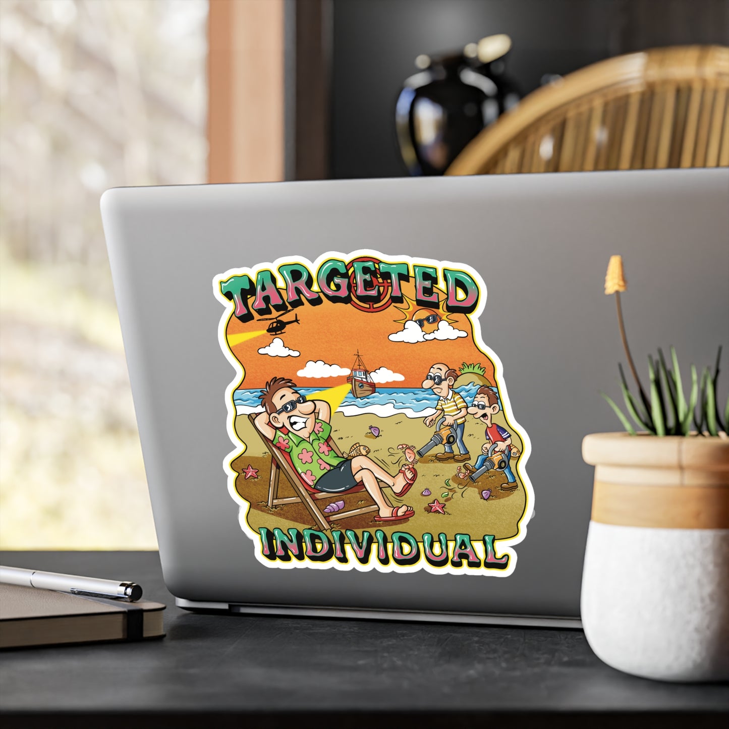 Targeted Individual Beach Scene Sticker – Kiss-Cut Vinyl Decal