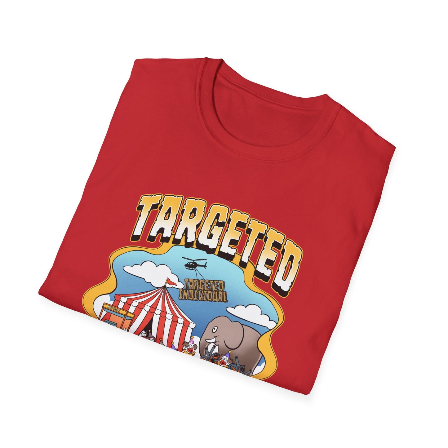 Targeted Individual Graphic T-Shirt — Retro Carnival Conspiracy Design