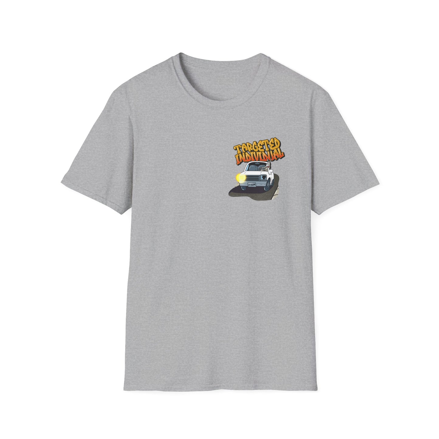 Targeted Individual Graphic T-Shirt — Retro Car & Neighborhood Illustration