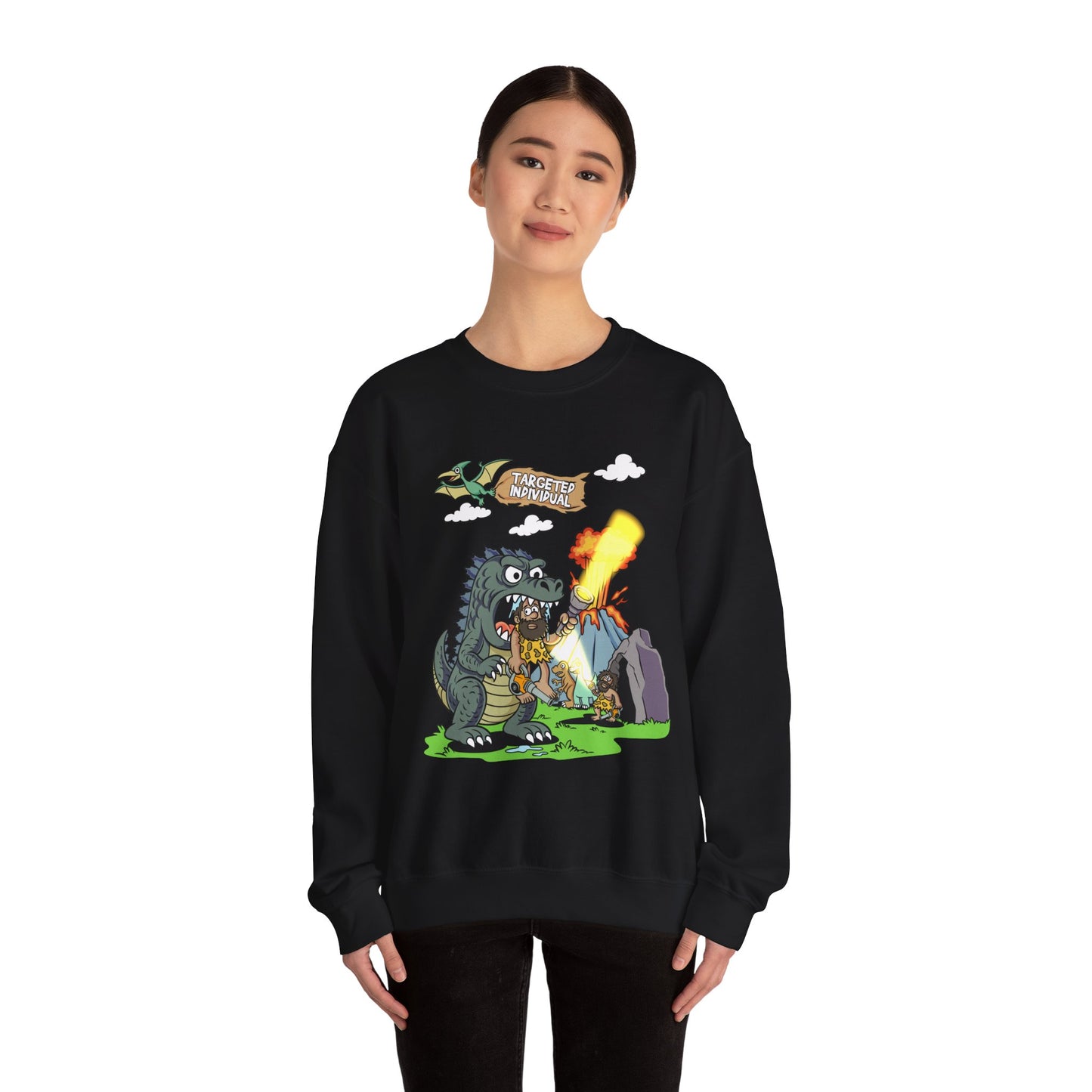 Crewneck Sweatshirt — Retro Monster Dragon Breathing Fire Graphic