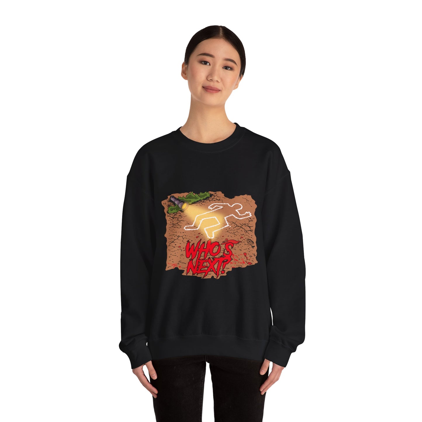 Graphic Sweatshirt — 'Who's Next?' Crime Scene Chalk Outline Crewneck