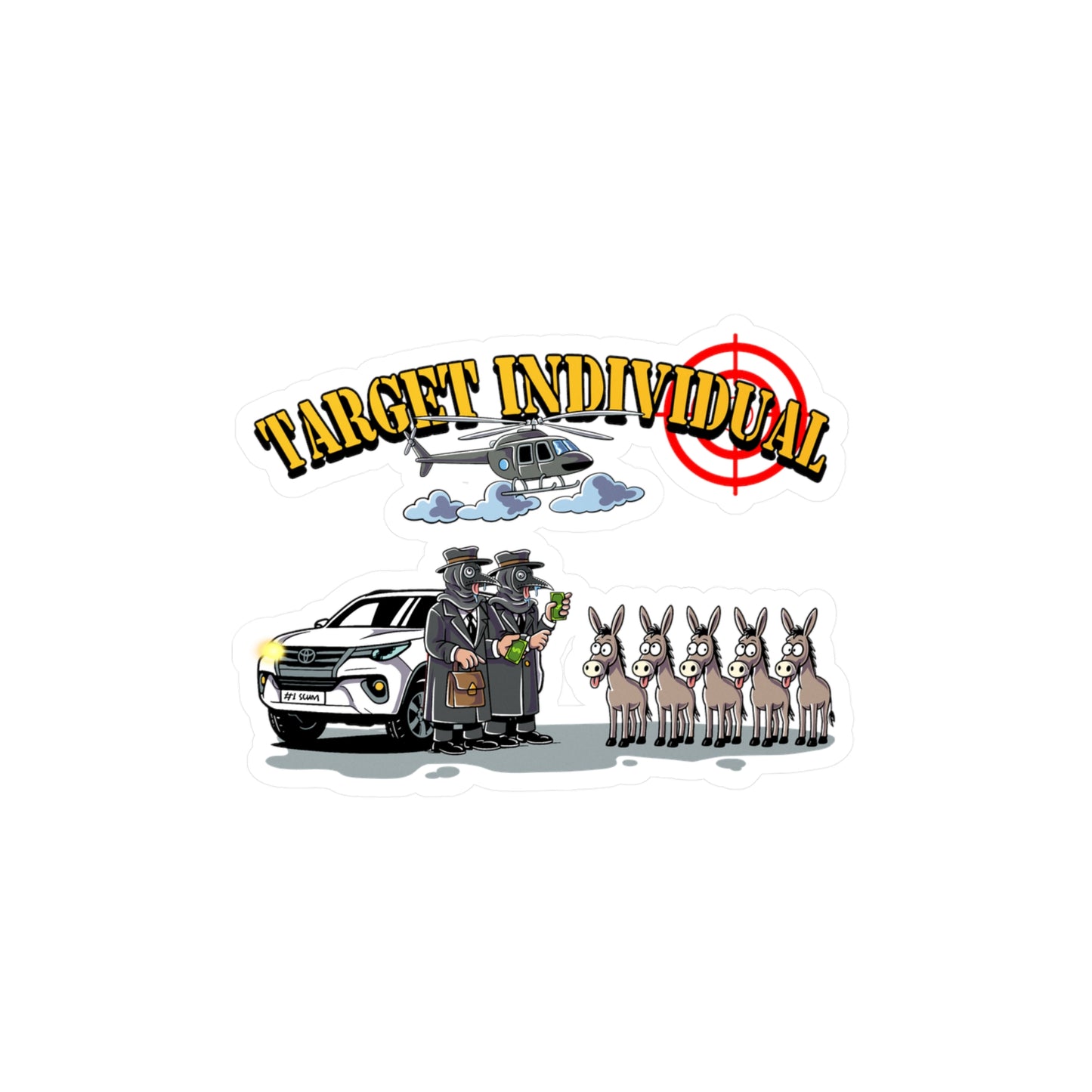 Target Individual Kiss-Cut Vinyl Decal — Humorous Cartoon Cop Car, Helicopter & Donkey Lineup Sticker