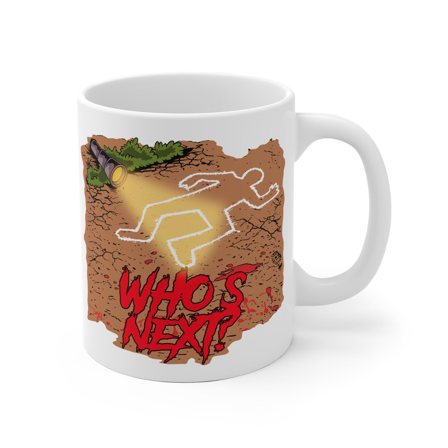 Mystery Crime Scene Mug — "Who's Next?" Detective Coffee Cup