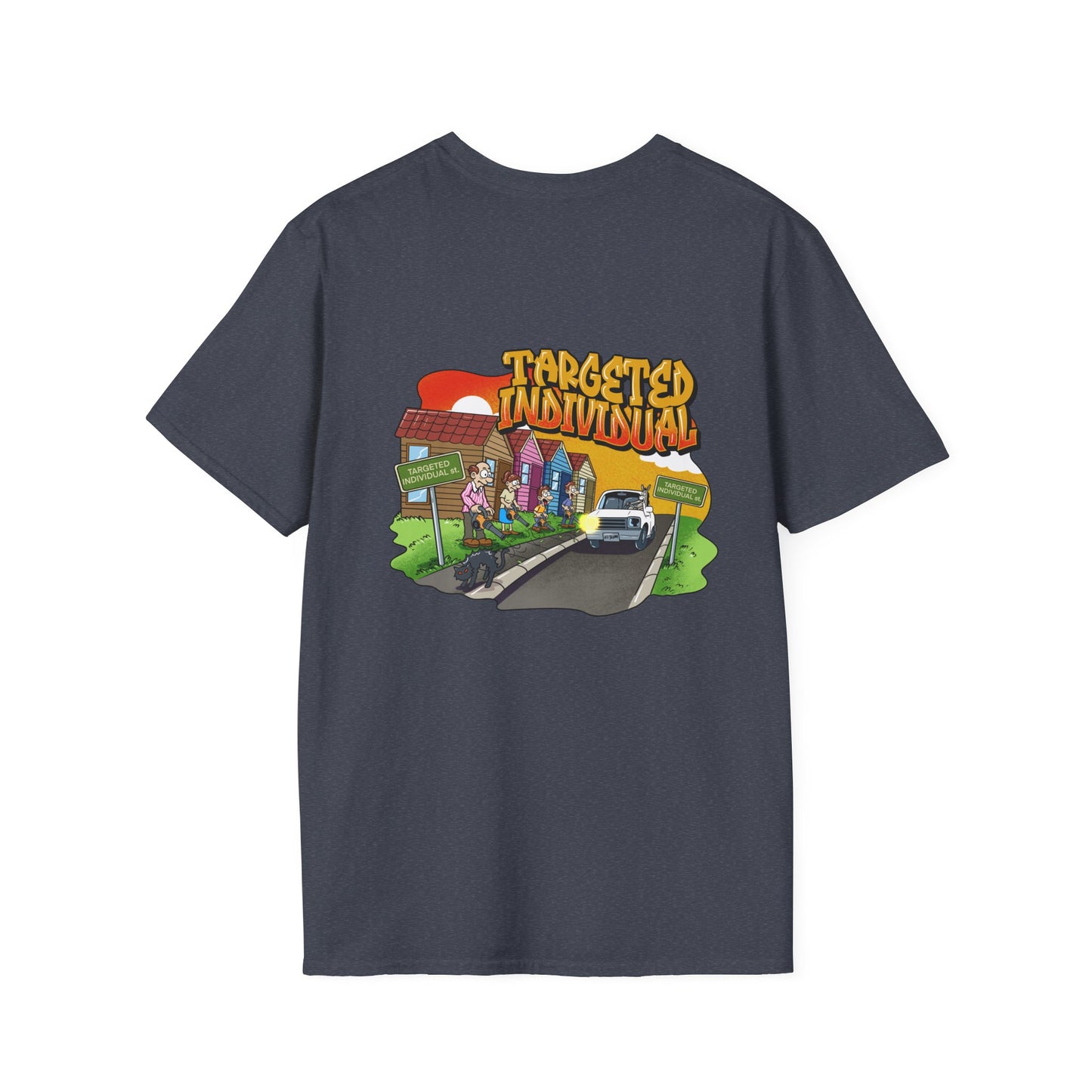 Targeted Individual Graphic T-Shirt — Street Scene Cartoon Design