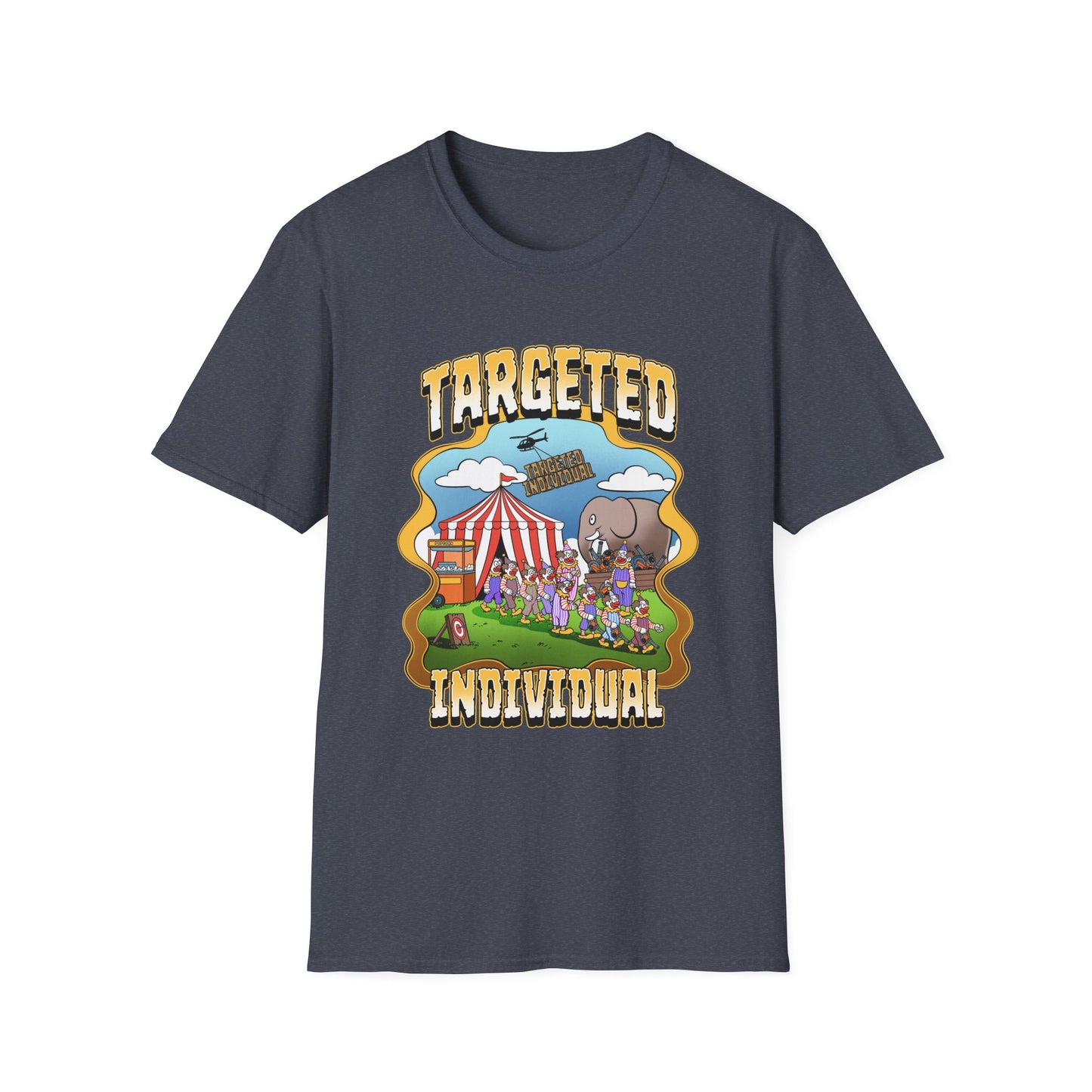 Targeted Individual Graphic T-Shirt — Retro Carnival Conspiracy Design