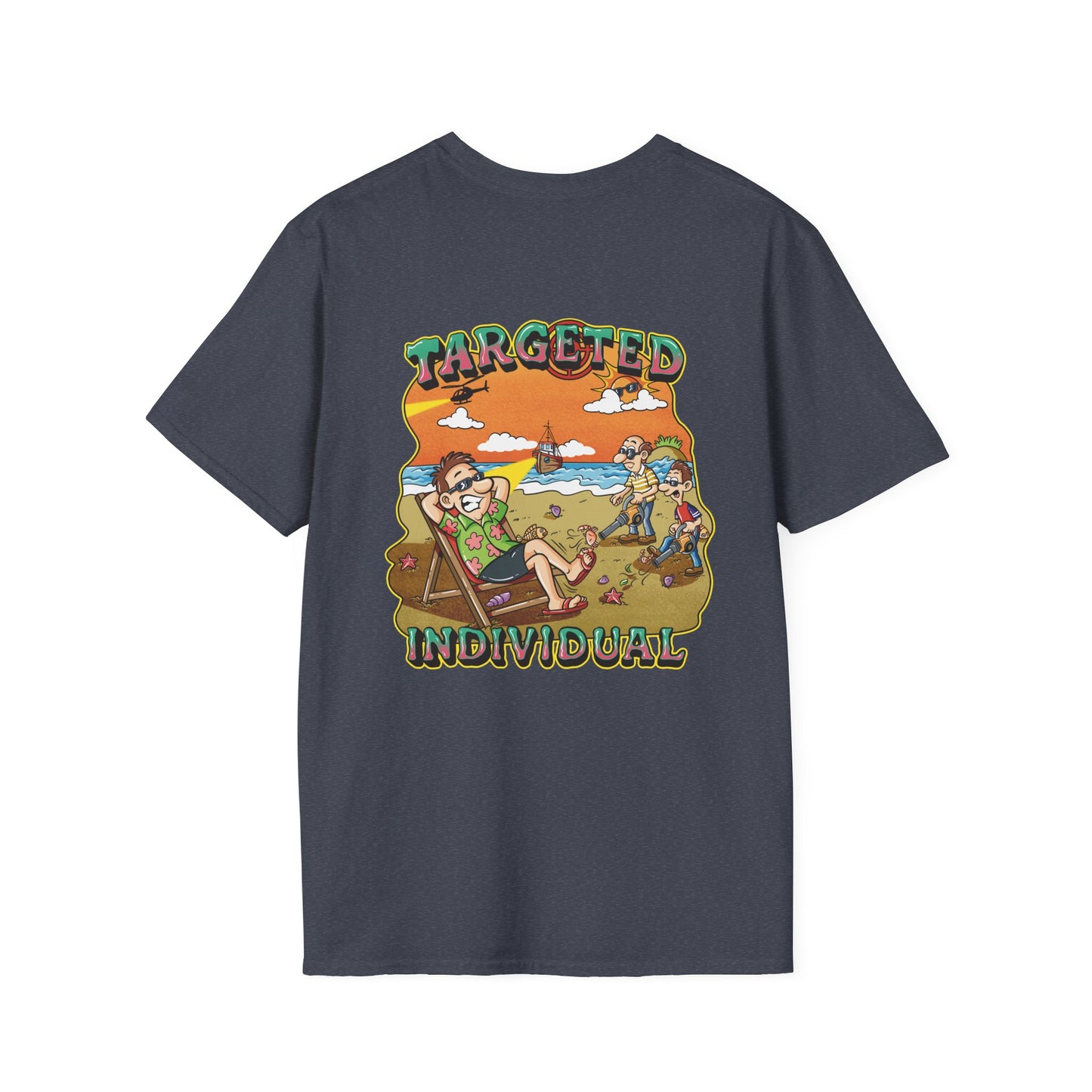Targeted Individual Graphic T-Shirt — Retro Beach Protest Artwork