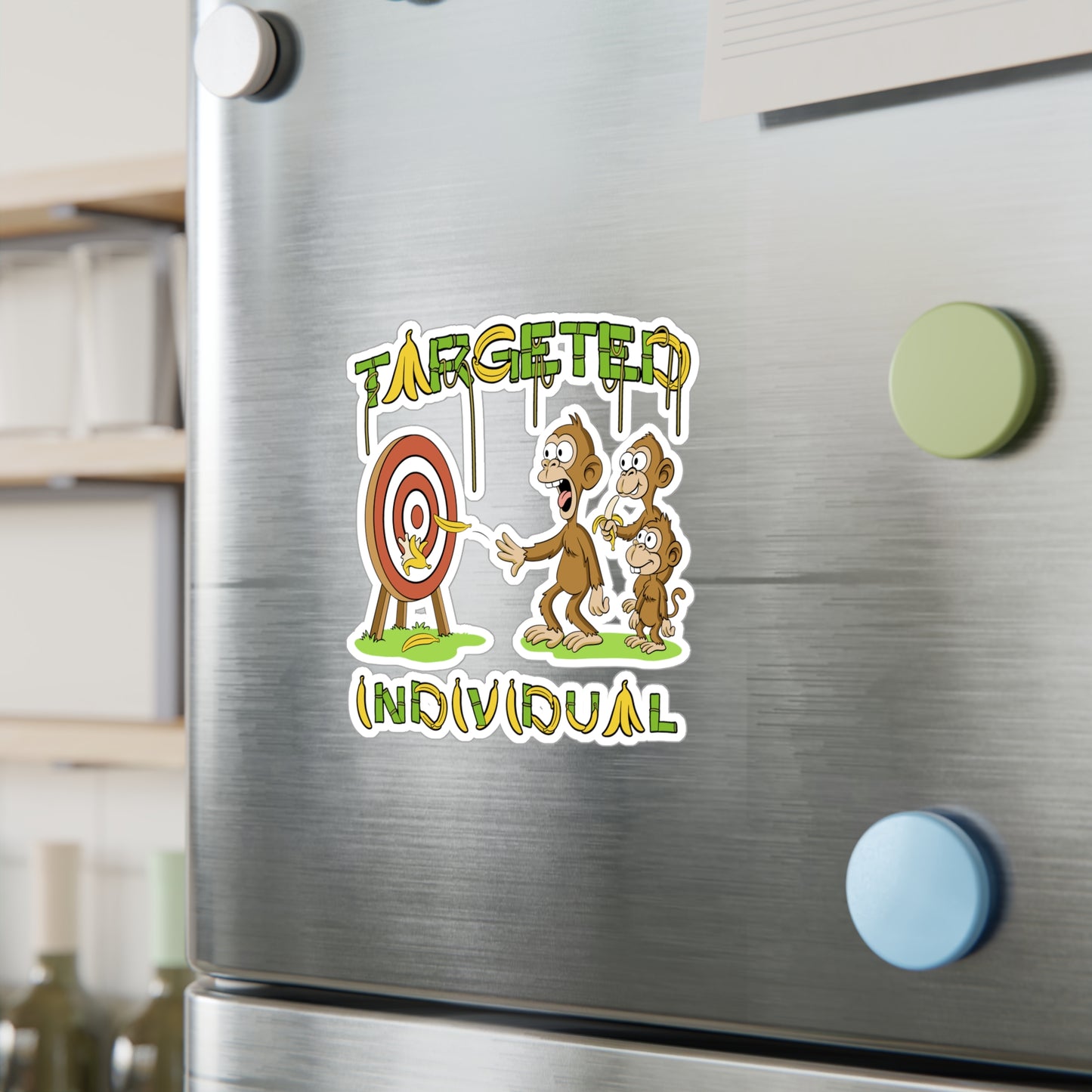 Targeted Individual Monkey Sticker — Funny Banana Target Kiss-Cut Vinyl Decal