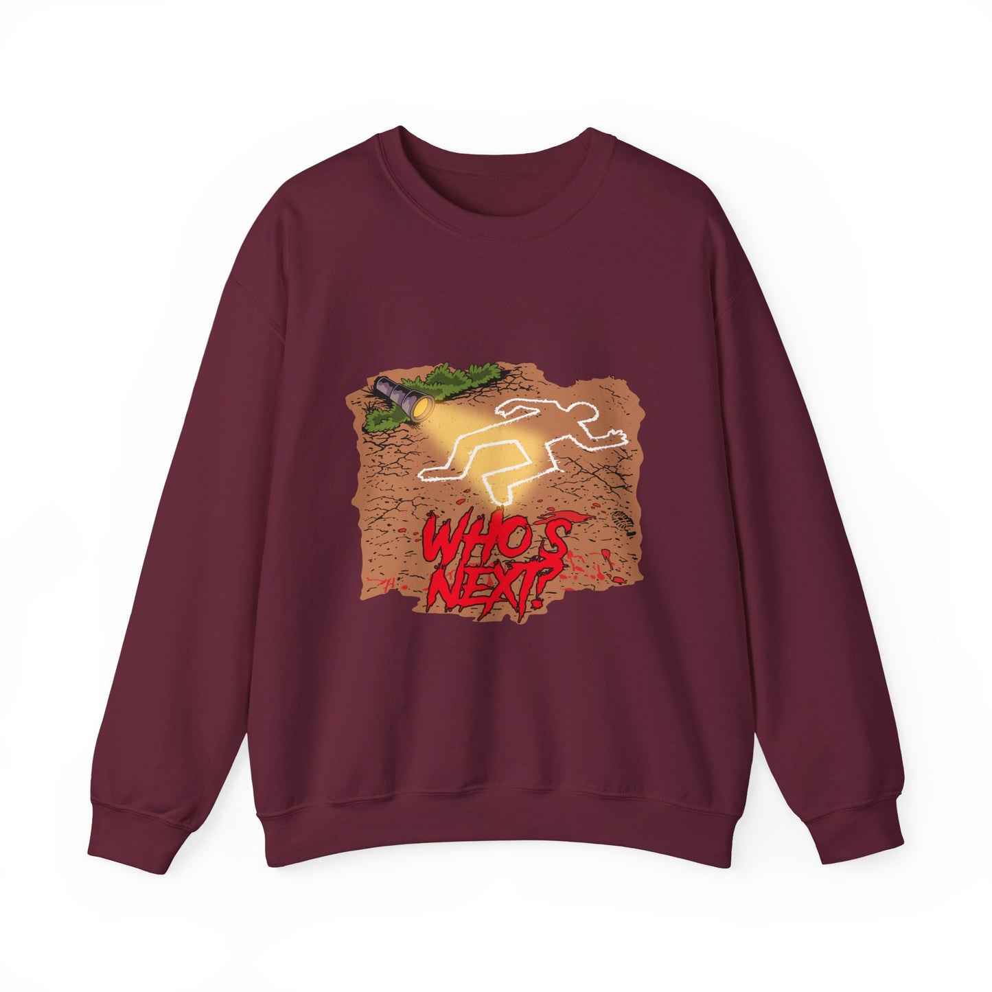 Graphic Sweatshirt — 'Who's Next?' Crime Scene Chalk Outline Crewneck