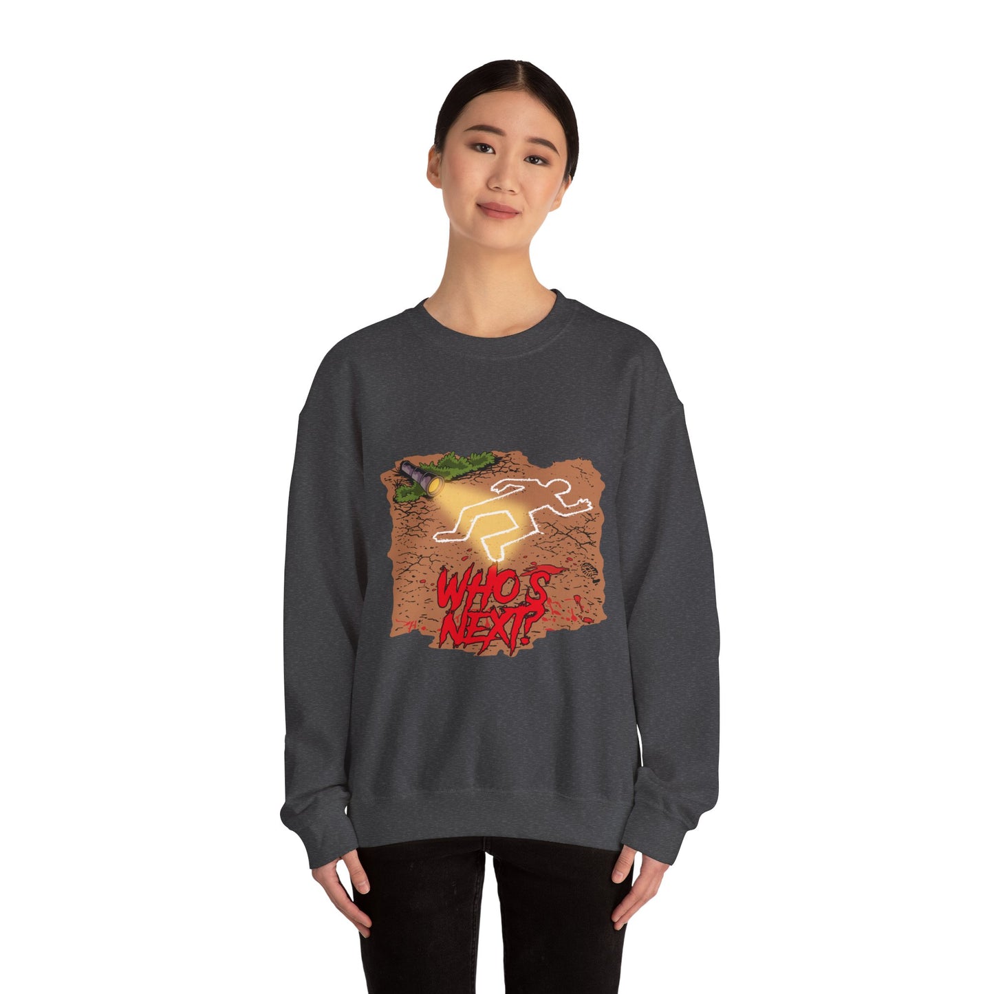 Graphic Sweatshirt — 'Who's Next?' Crime Scene Chalk Outline Crewneck