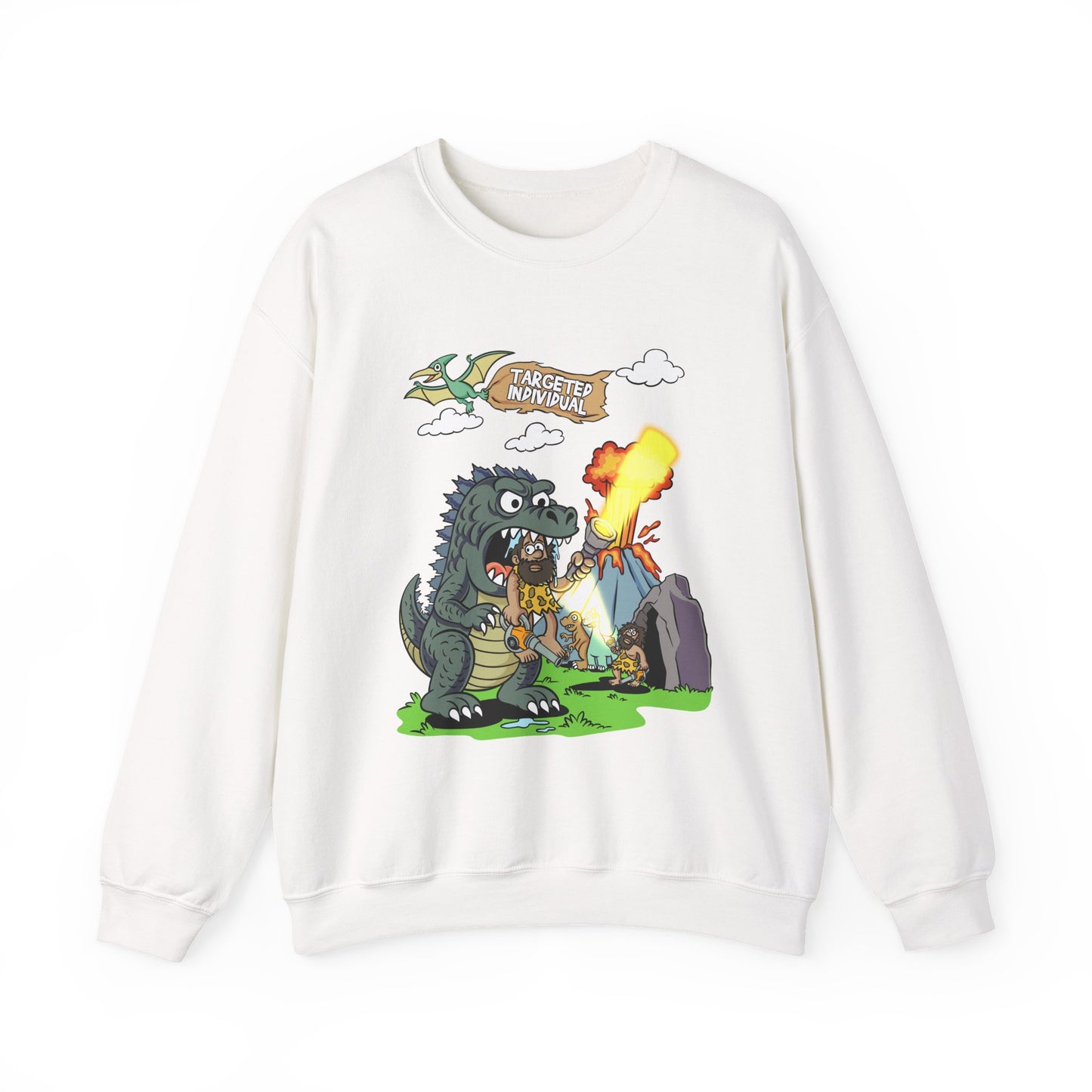 Crewneck Sweatshirt — Retro Monster Dragon Breathing Fire Graphic