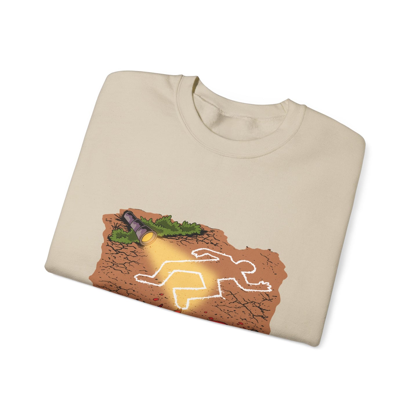 Graphic Sweatshirt — 'Who's Next?' Crime Scene Chalk Outline Crewneck