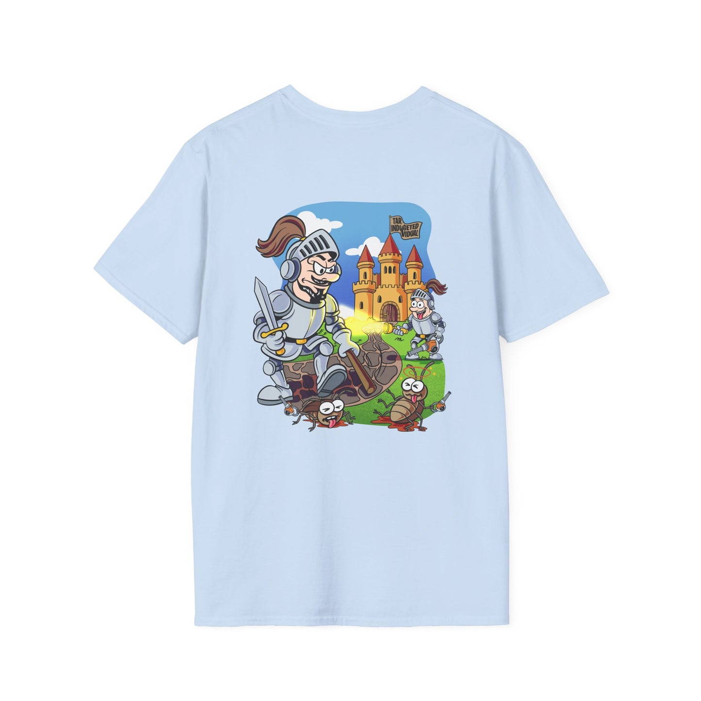 Knight Cartoon T-Shirt — Medieval Castle & Worms Graphic Tee