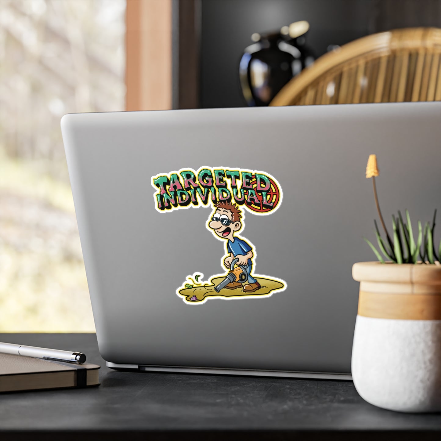 Targeted Individual Vinyl Sticker — Comic Character Kiss-Cut Decal