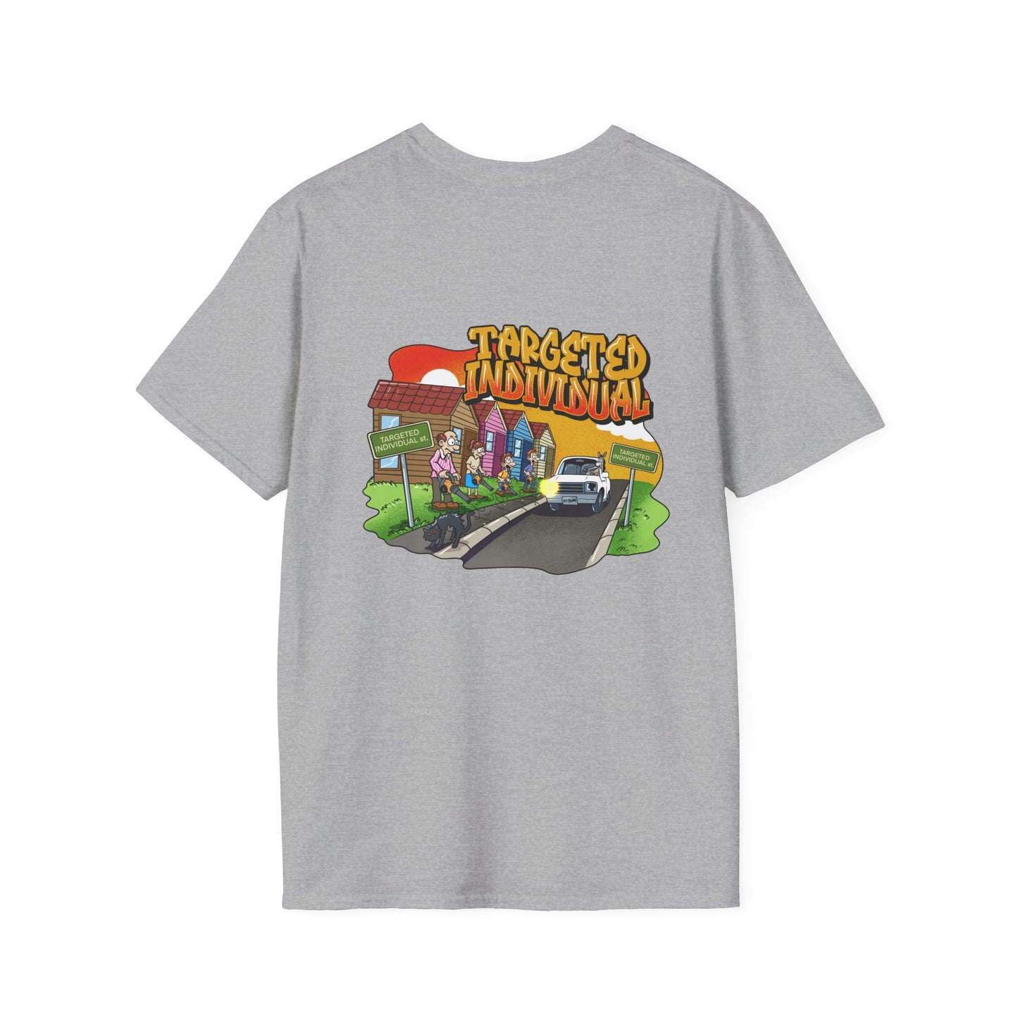 Targeted Individual Graphic T-Shirt — Street Scene Cartoon Design