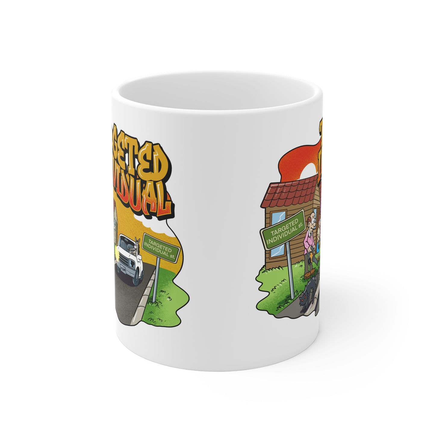 Targeted Individual Mug — Cartoon Neighborhood Graphic Coffee Cup
