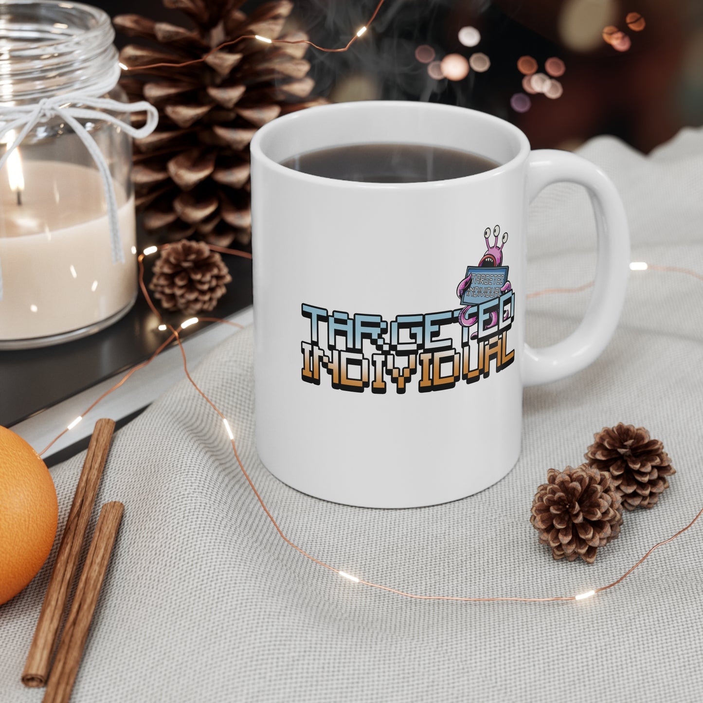 Targeted Individual Mug — Retro Pixel Alien Graphic Coffee Cup