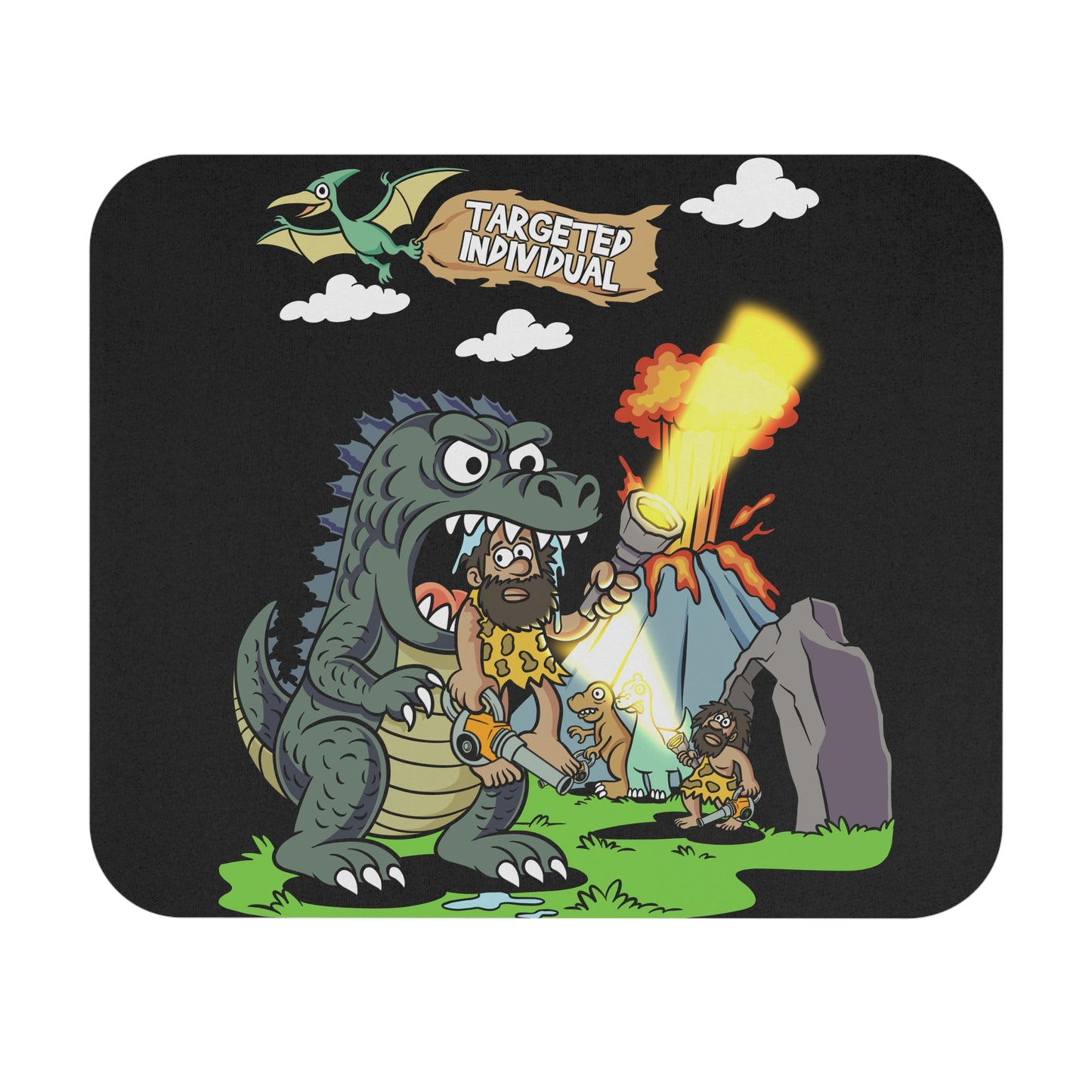 Caveman vs. Dragon Mouse Pad — 'Targeted Individual' Retro Dino Battle Desk Mat