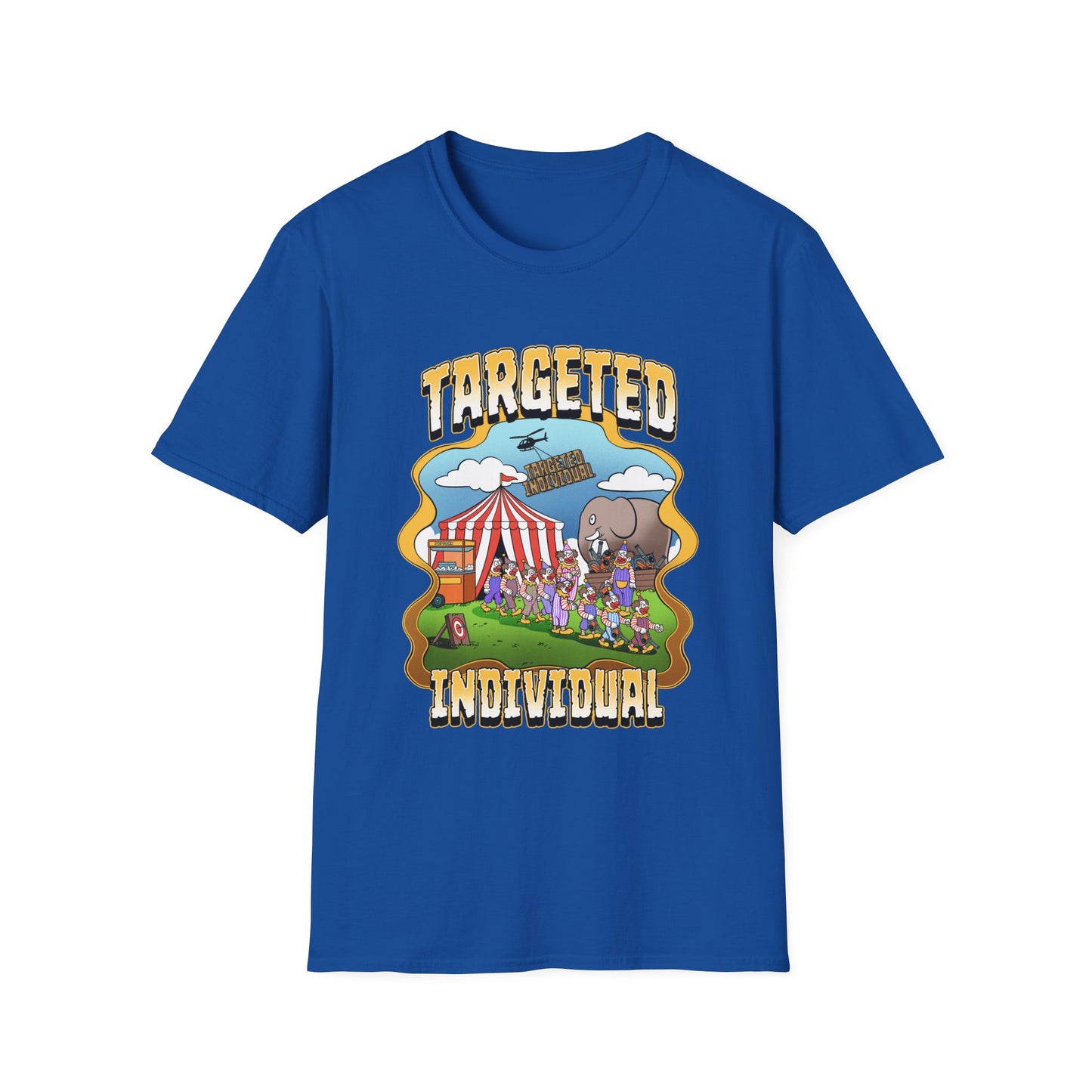 Targeted Individual Graphic T-Shirt — Retro Carnival Conspiracy Design