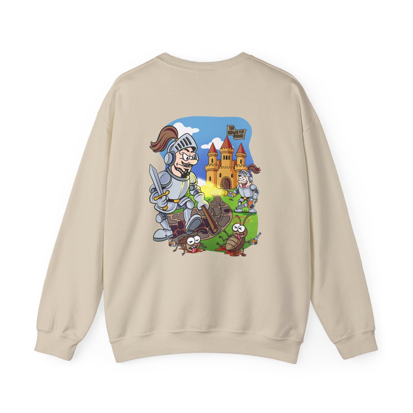 Knight vs Worms Crewneck Sweatshirt — Funny Medieval Cartoon Graphic