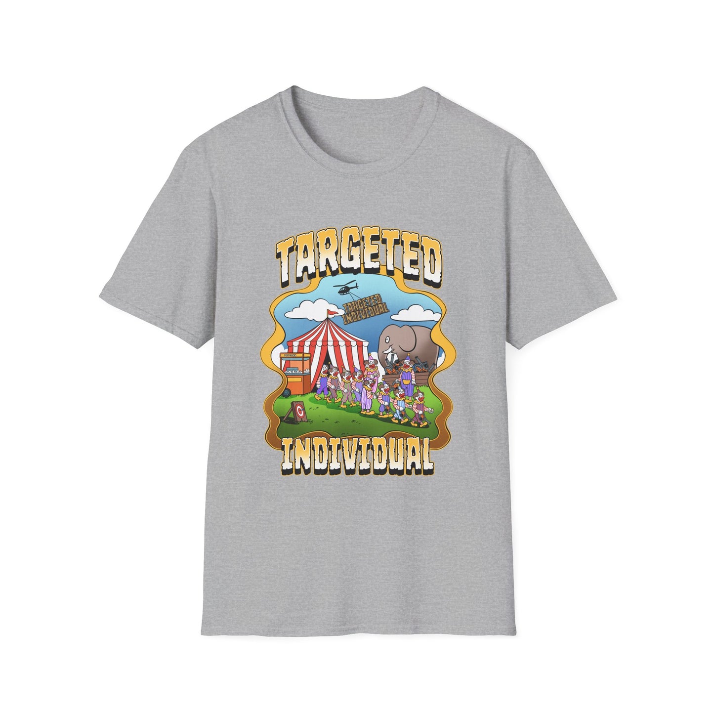 Targeted Individual Graphic T-Shirt — Retro Carnival Conspiracy Design