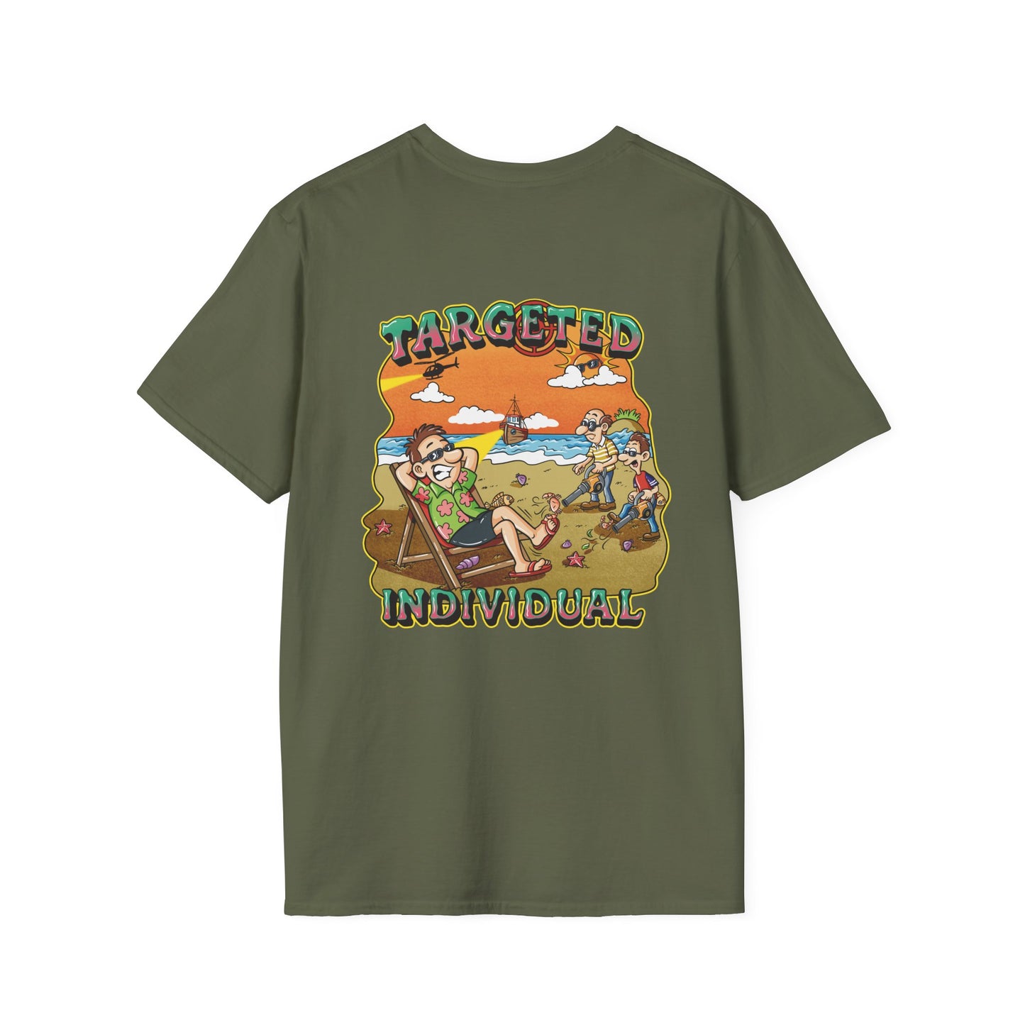 Targeted Individual Graphic T-Shirt — Retro Beach Protest Artwork
