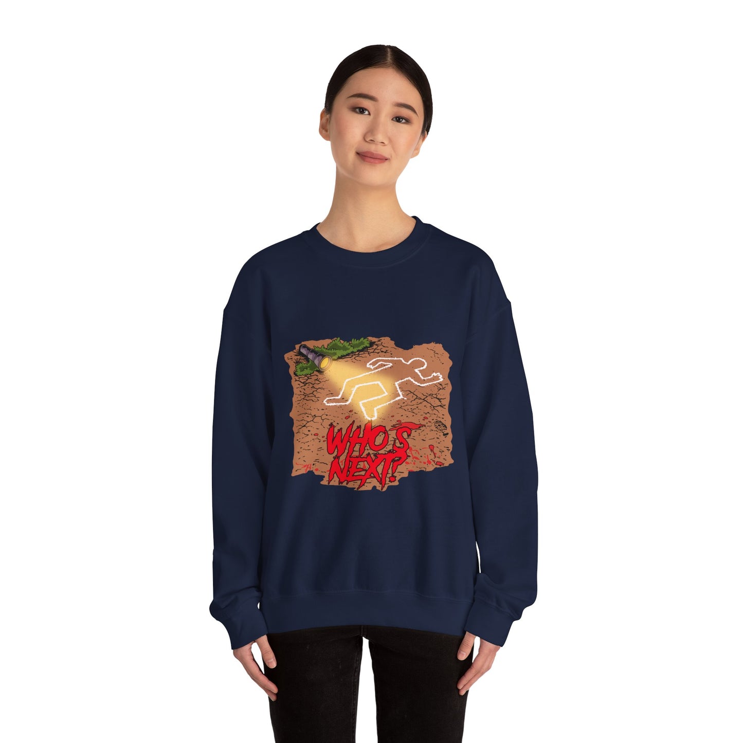 Graphic Sweatshirt — 'Who's Next?' Crime Scene Chalk Outline Crewneck